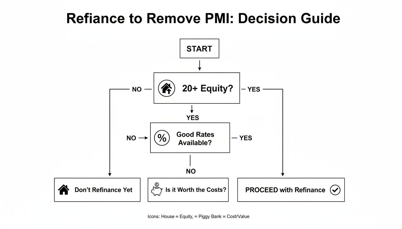 A decision flowchart illustrating the steps to determine if refinancing is beneficial to remove PMI.