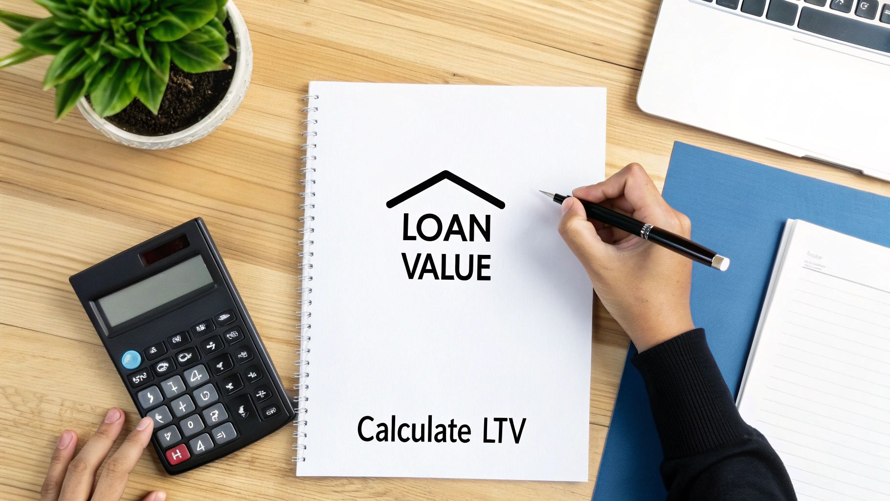 A person calculating loan value and LTV on a notepad with a calculator on a wooden desk.