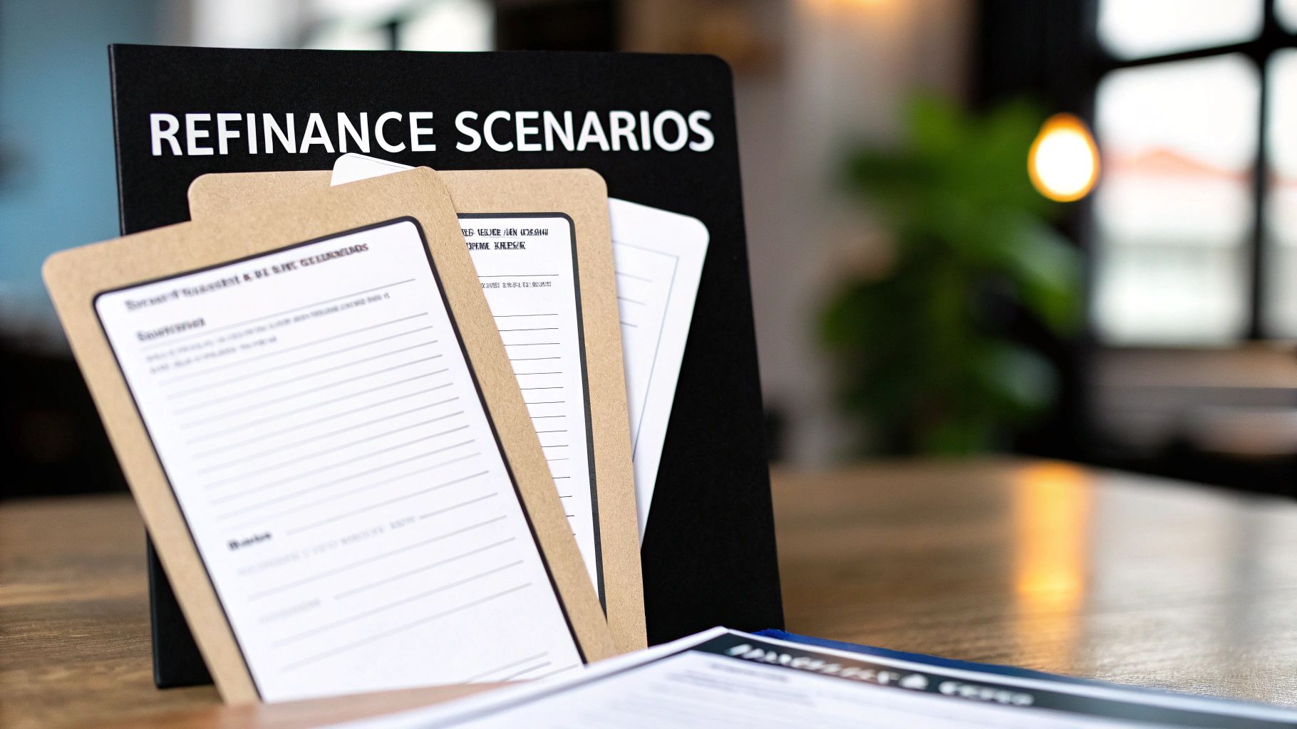 A close-up view of a black folder labeled 'REFINANCE SCENARIOS' with documents on a wooden table.