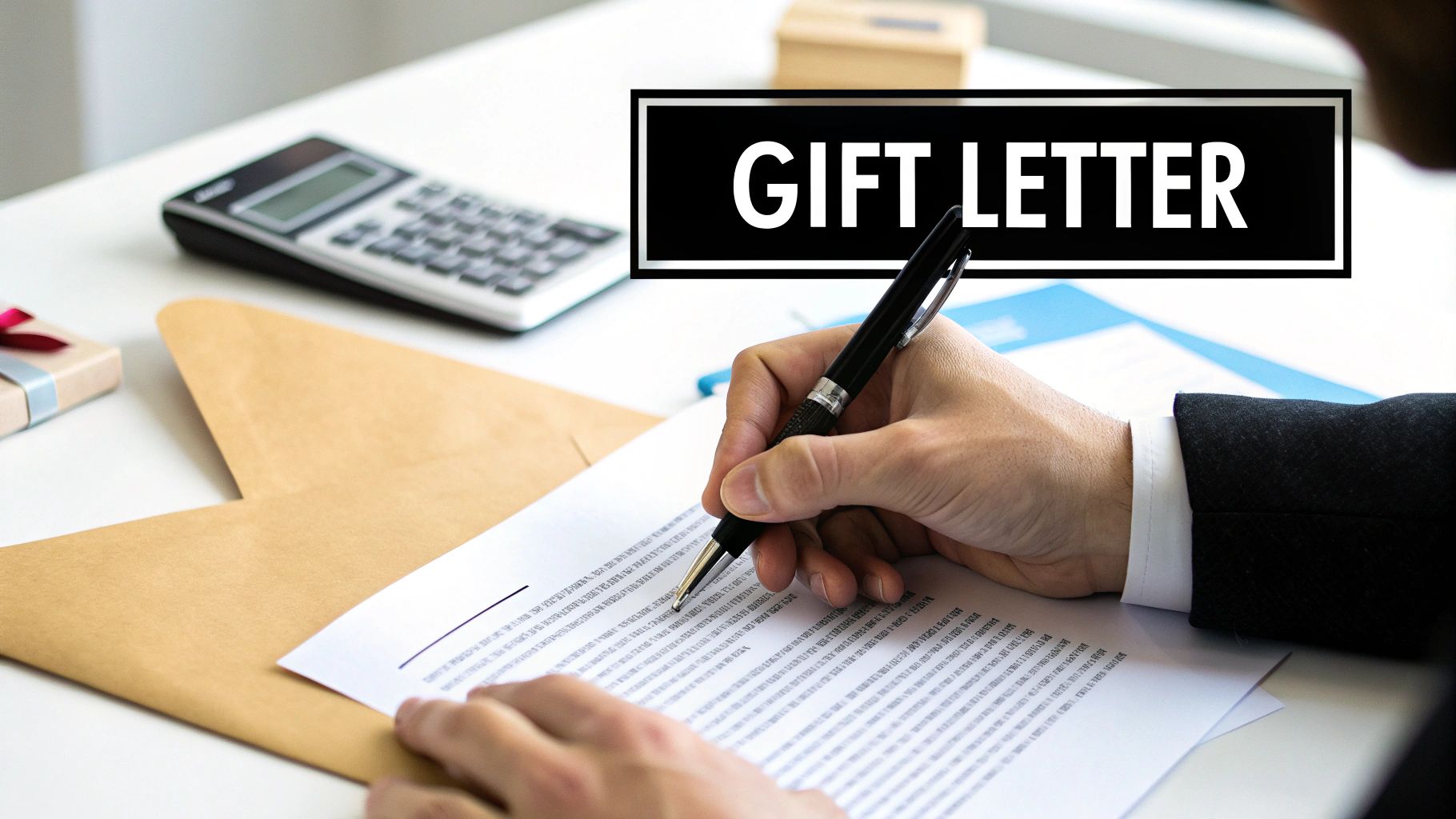 Close-up of a person's hand writing a 'GIFT LETTER' document with a pen on a white desk.
