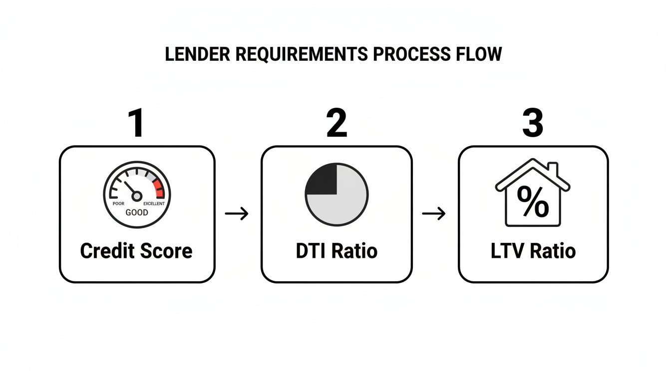 A clear process flow illustrating lender requirements, including credit score, DTI ratio, and LTV ratio.