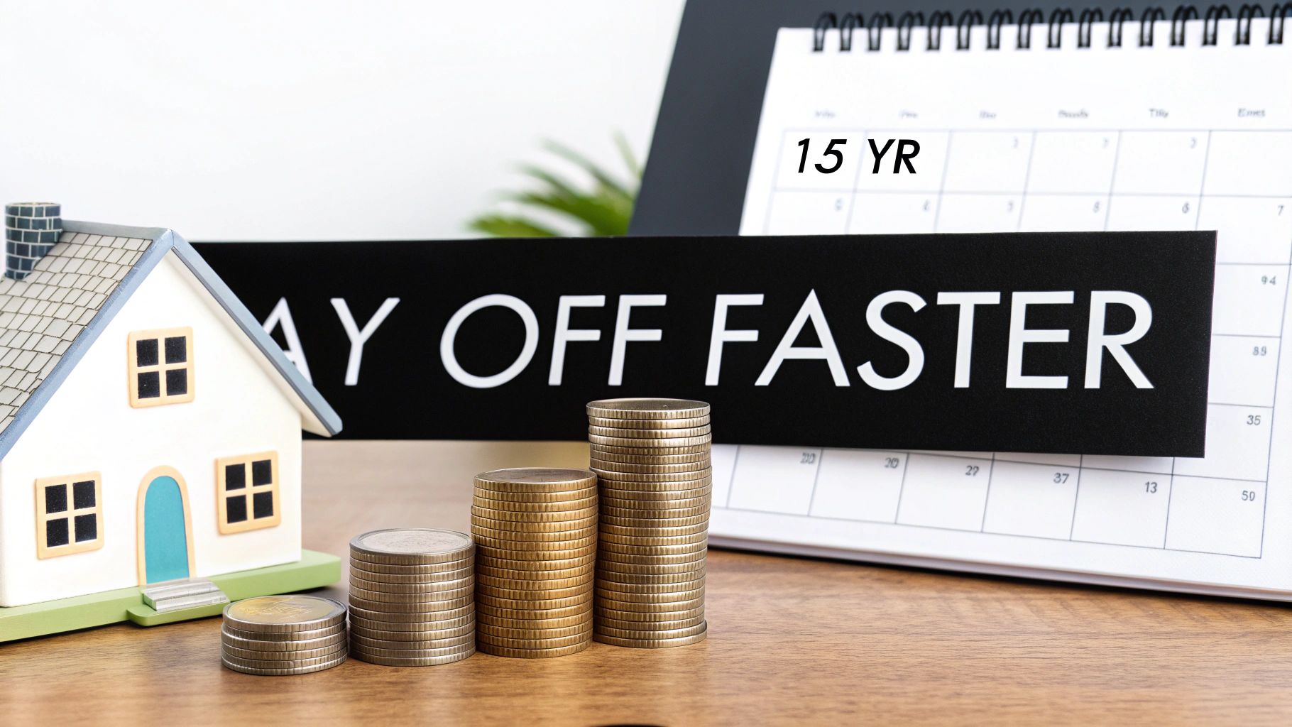Miniature house, growing coin stacks, calendar with 15 YR, and 'PAY OFF FASTER' sign.