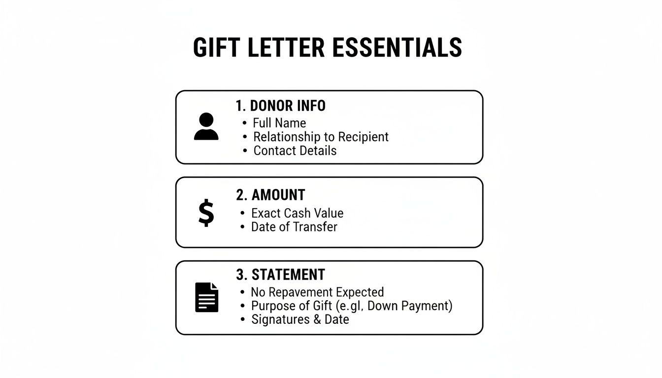 An infographic titled 'Gift Letter Essentials' detailing donor info, amount, and statement requirements.