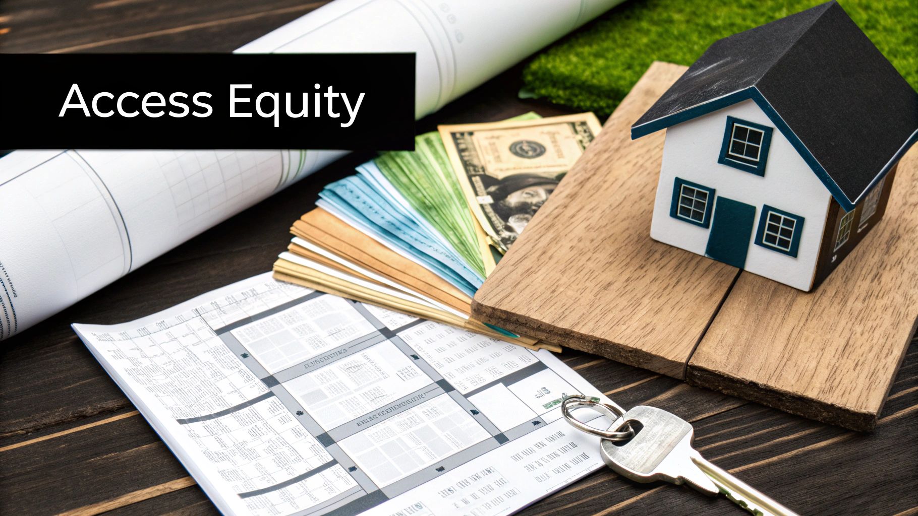 A miniature house model, key, money, and documents, with a 'Access Equity' banner on a wooden surface.