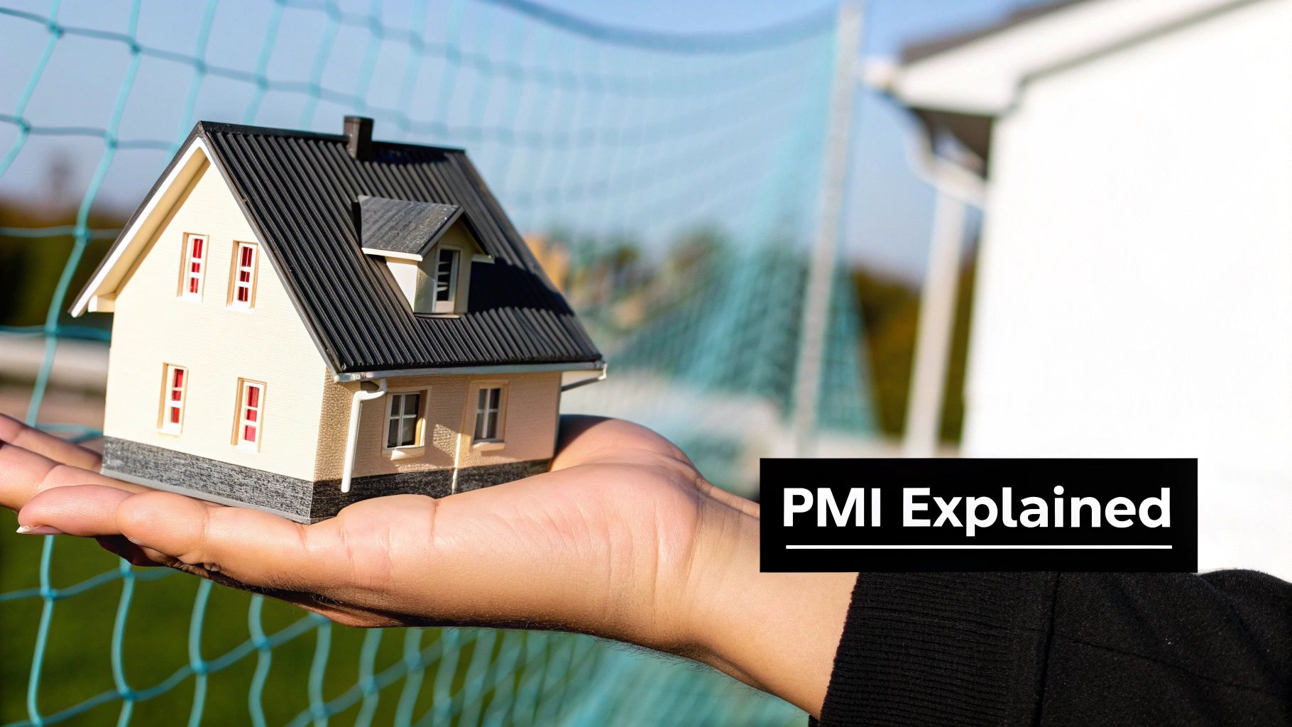 A person's hand holds a miniature model house against a blurred outdoor background, with 'PMI Explained' text.