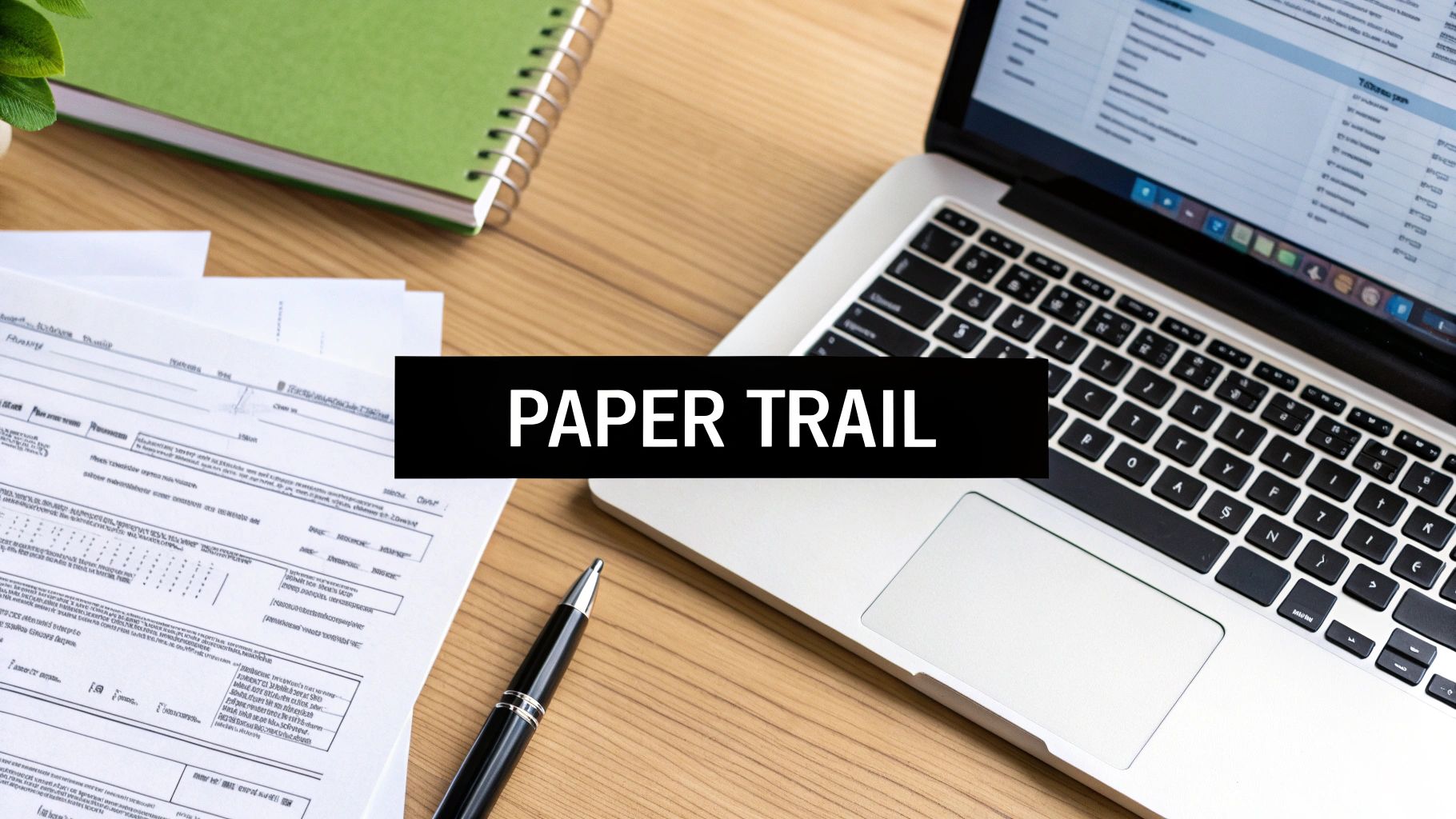 A flat lay shows a desk with a laptop, documents, a pen, and a green notebook, with 'PAPER TRAIL' overlay.
