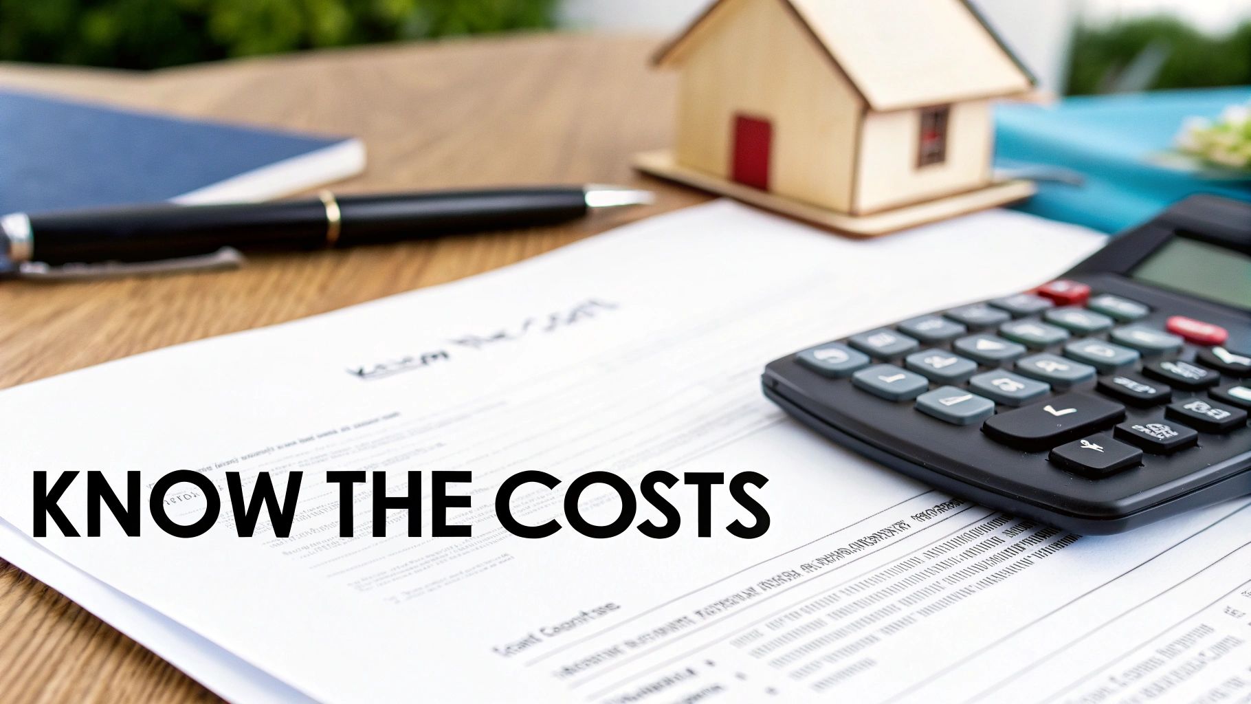 A calculator, pen, house model, and financial documents with text 'KNOW THE COSTS' on a wooden desk.