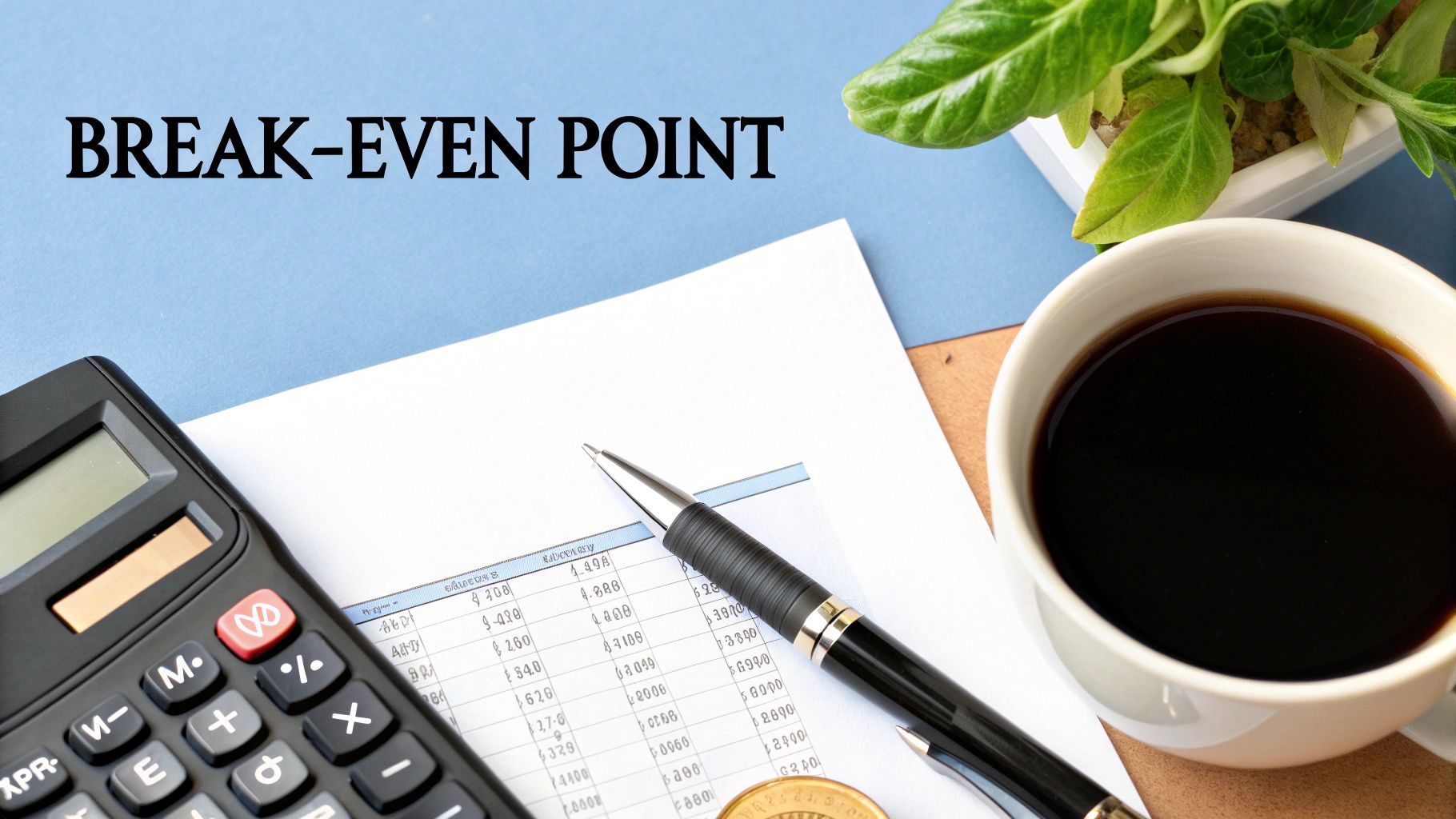 A desk with a calculator, financial document, pen, coffee, and the words BREAK-EVEN POINT.