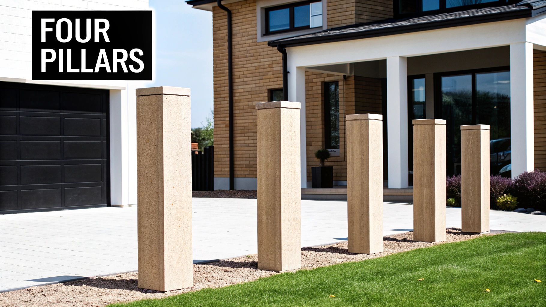 Four modern light-brown concrete pillars standing in front of a house with a black garage door.