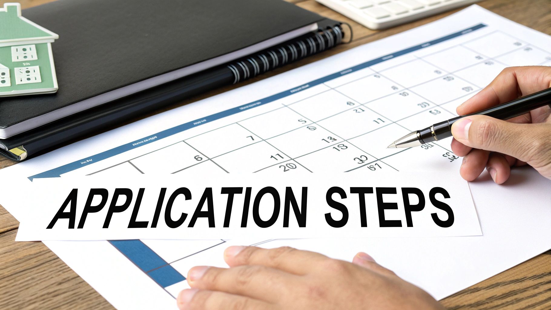 A person's hand holding a pen points to a calendar with 'APPLICATION STEPS' banner, next to a house model.