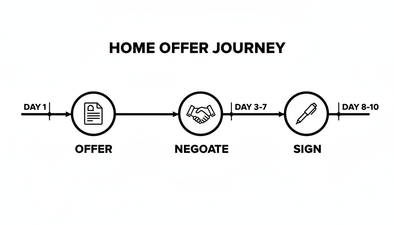 A flowchart illustrates the home offer journey, detailing steps from offer submission to negotiation and signing over approximately ten days.