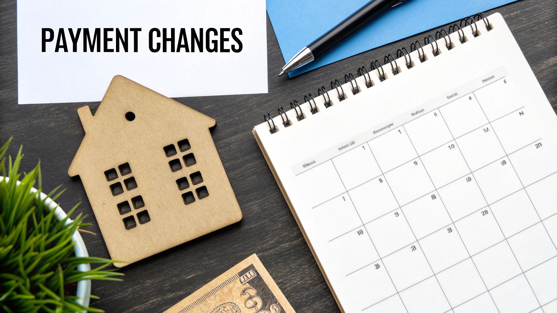 A flat lay shows 'PAYMENT CHANGES' text, a house model, calendar, money, and pen.