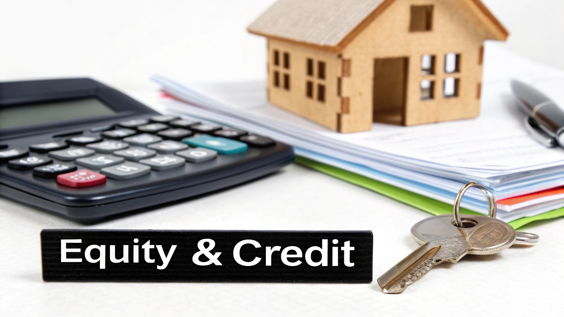 Calculator, model house, papers, pen, house keys, and 'Equity & Credit' sign on a white desk.