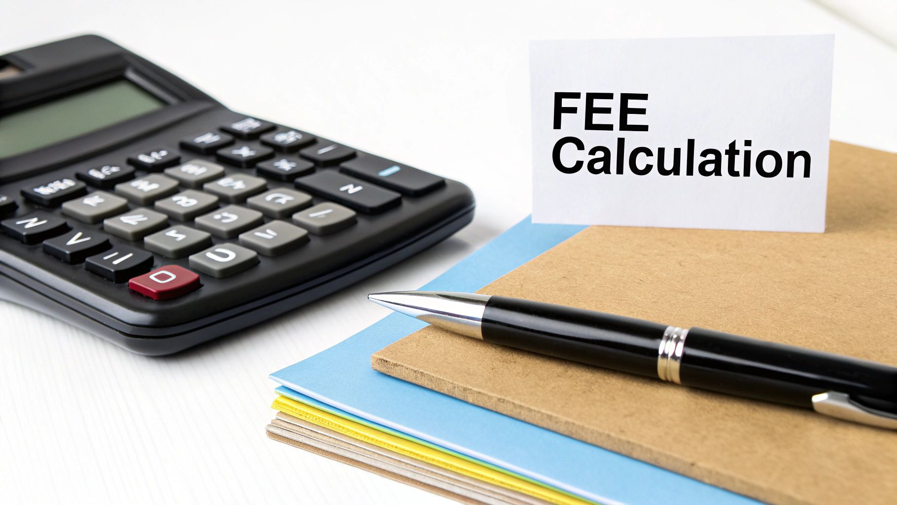 A calculator, pen, and notebooks with a card displaying 'FEE Calculation' on a white desk.