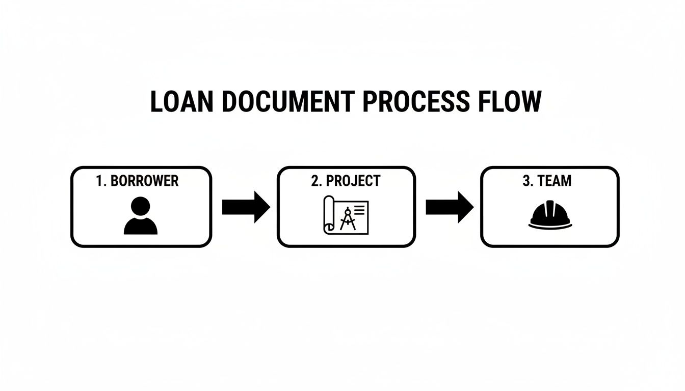 Flowchart illustrating the loan document process, showing steps from borrower to project and team.