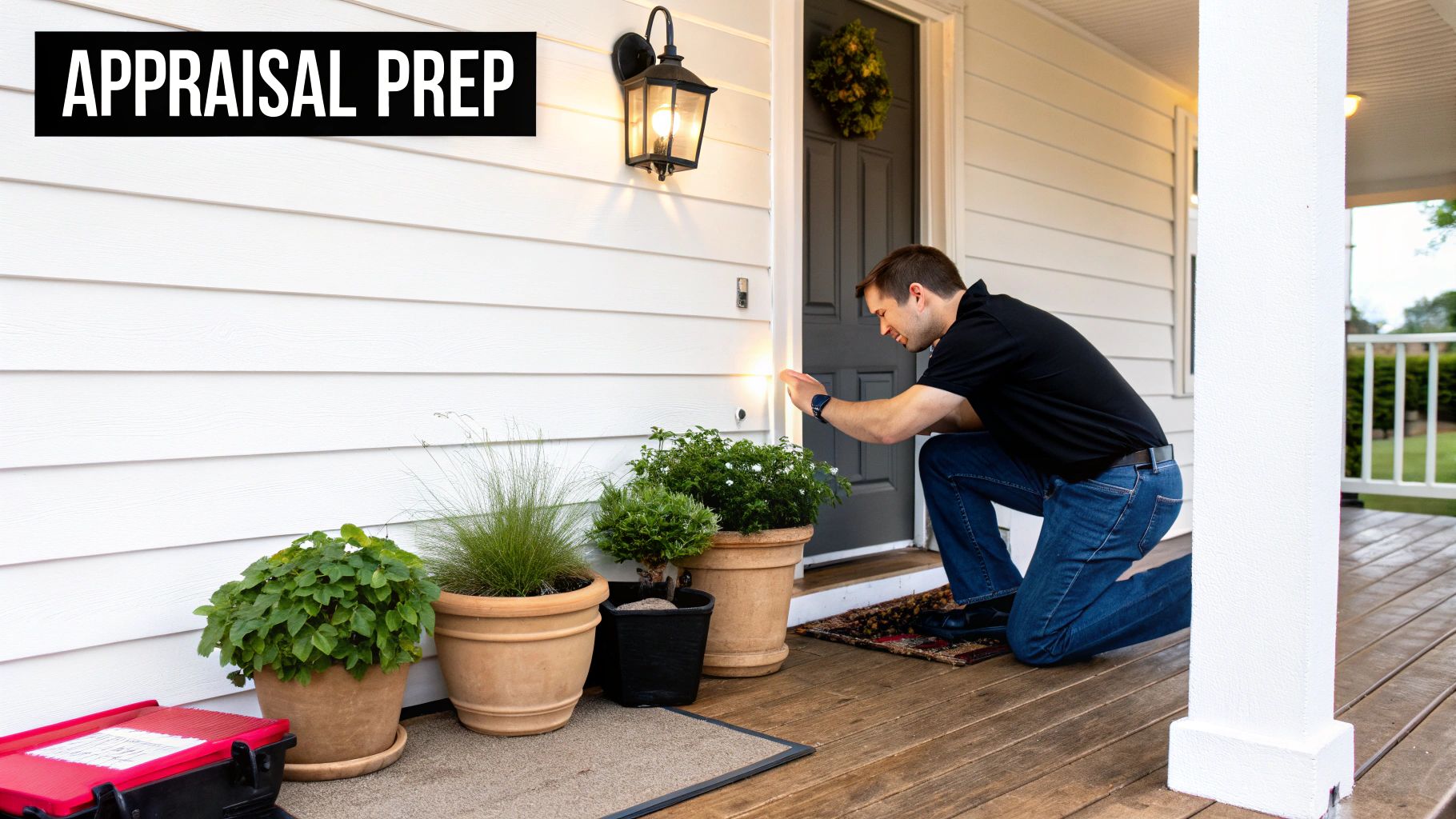 Man inspecting house exterior for appraisal prep, crouching on a wooden porch.