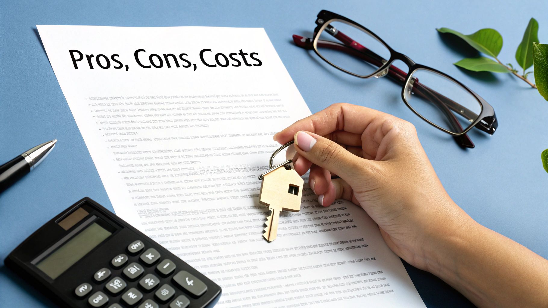 Hand holding a house key over a document titled 'Pros, Cons, Costs' with a calculator and glasses.