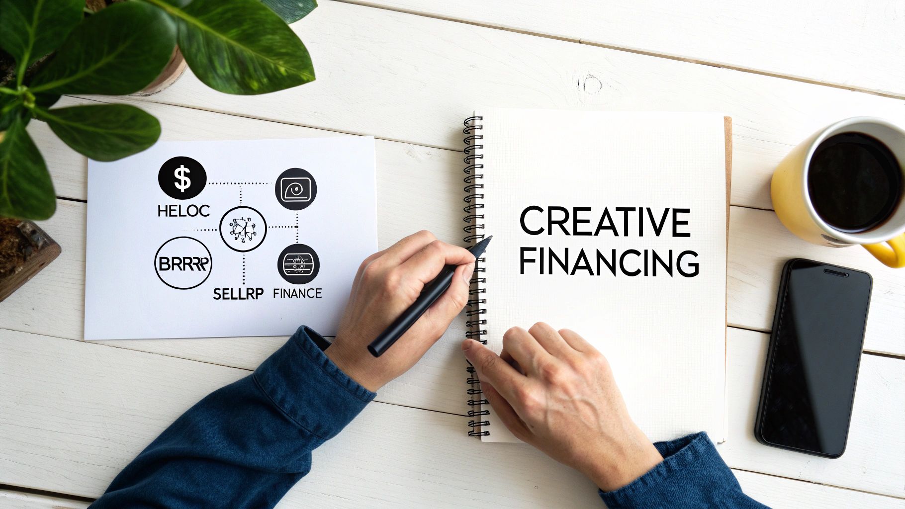 Overhead shot of hands writing 'Creative Financing' in a notebook, with a diagram showing HELOC, BRRRR, and other finance methods.
