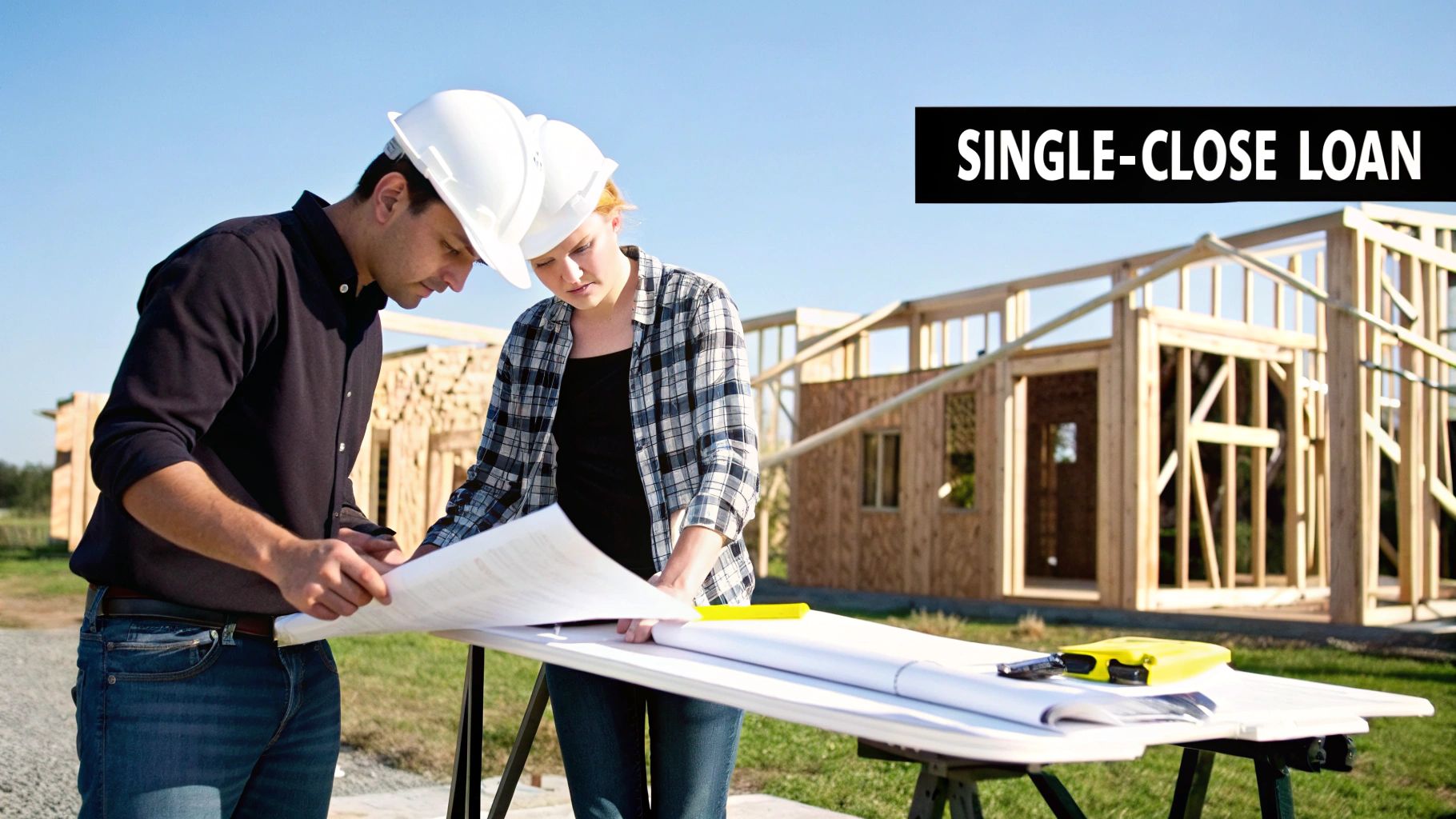 Construction professionals in hard hats review blueprints at a new house building site with a 'Single-Close Loan' banner.