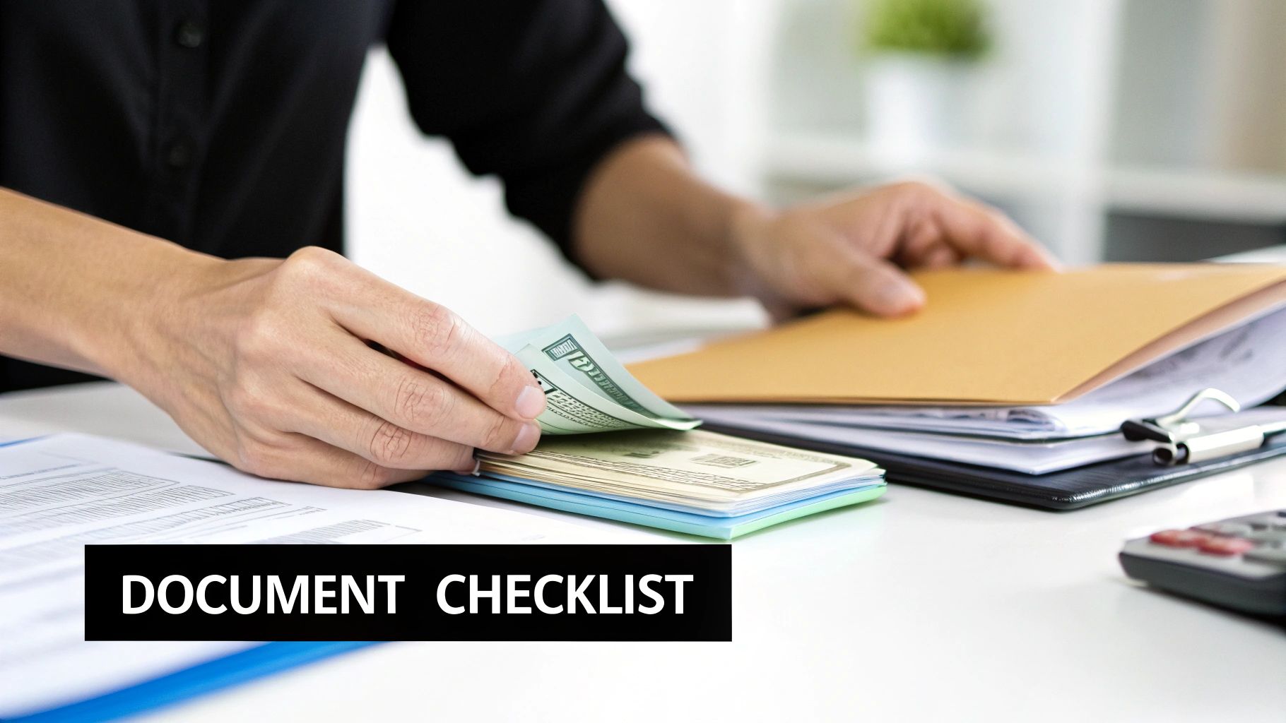 Person's hands counting cash and organizing documents on a desk, with a 'Document Checklist' overlay.