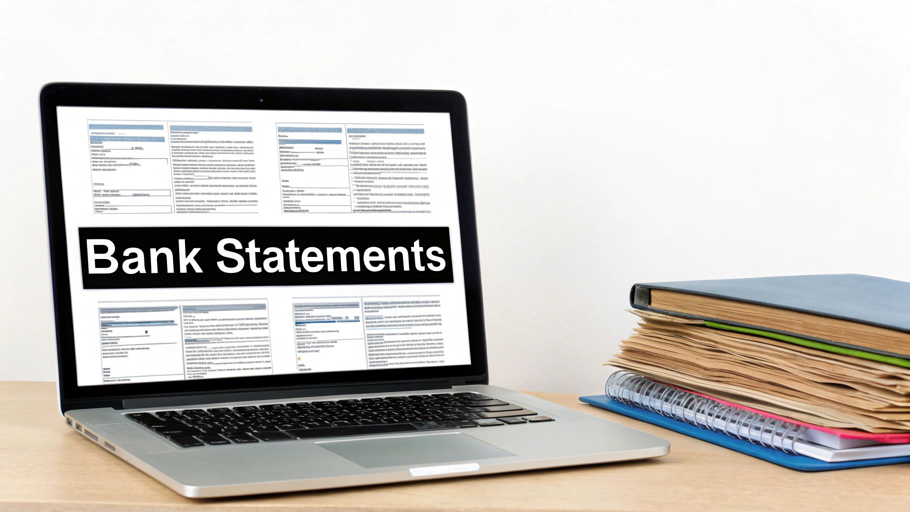 A laptop on a wooden desk displays 'Bank Statements' on screen, next to a stack of physical documents.