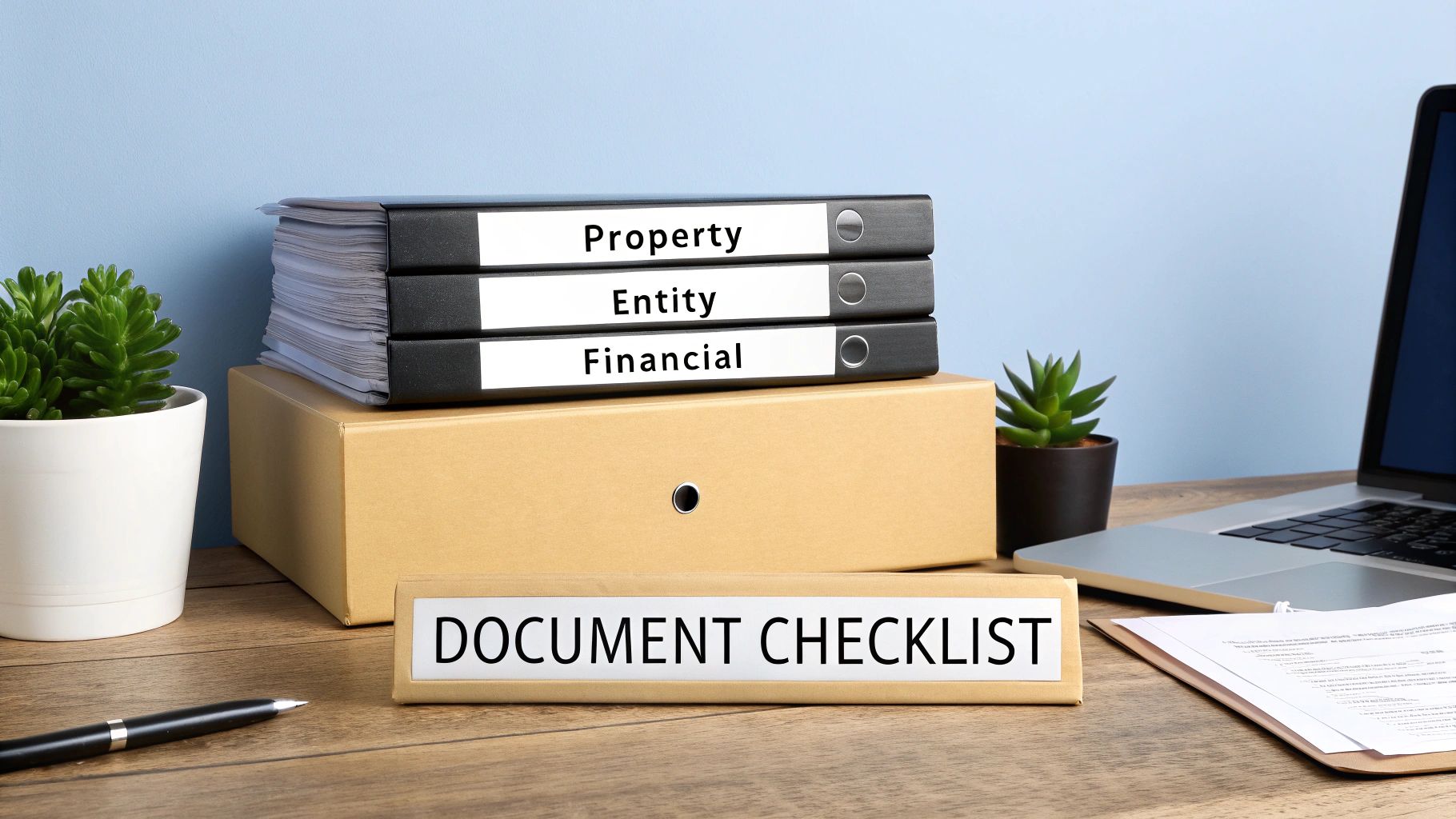 An organized desk with stacked binders labeled 'Property', 'Entity', 'Financial', and a 'Document Checklist' sign.