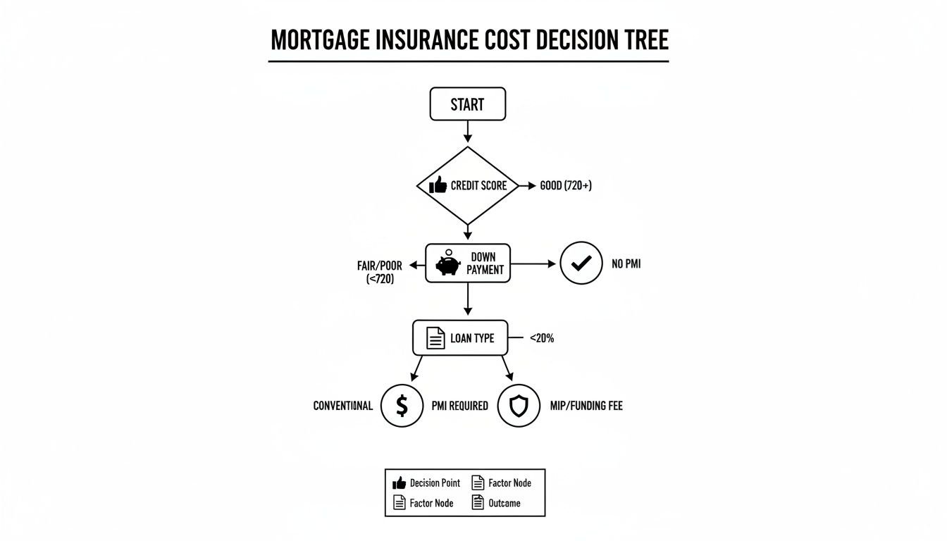 Mortgage insurance cost decision tree flowchart showing credit score, down payment, and loan type factors.