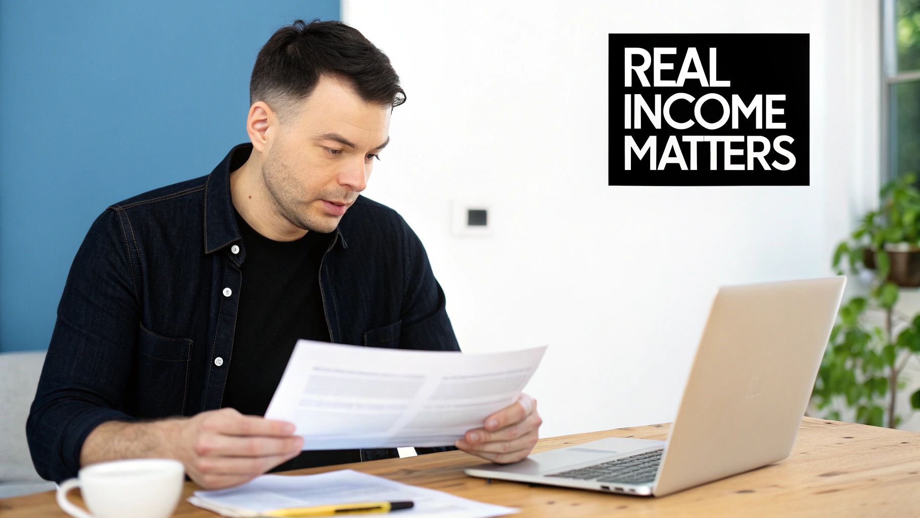 A man reviews financial documents at a desk with a laptop; a sign says 'REAL INCOME MATTERS'.