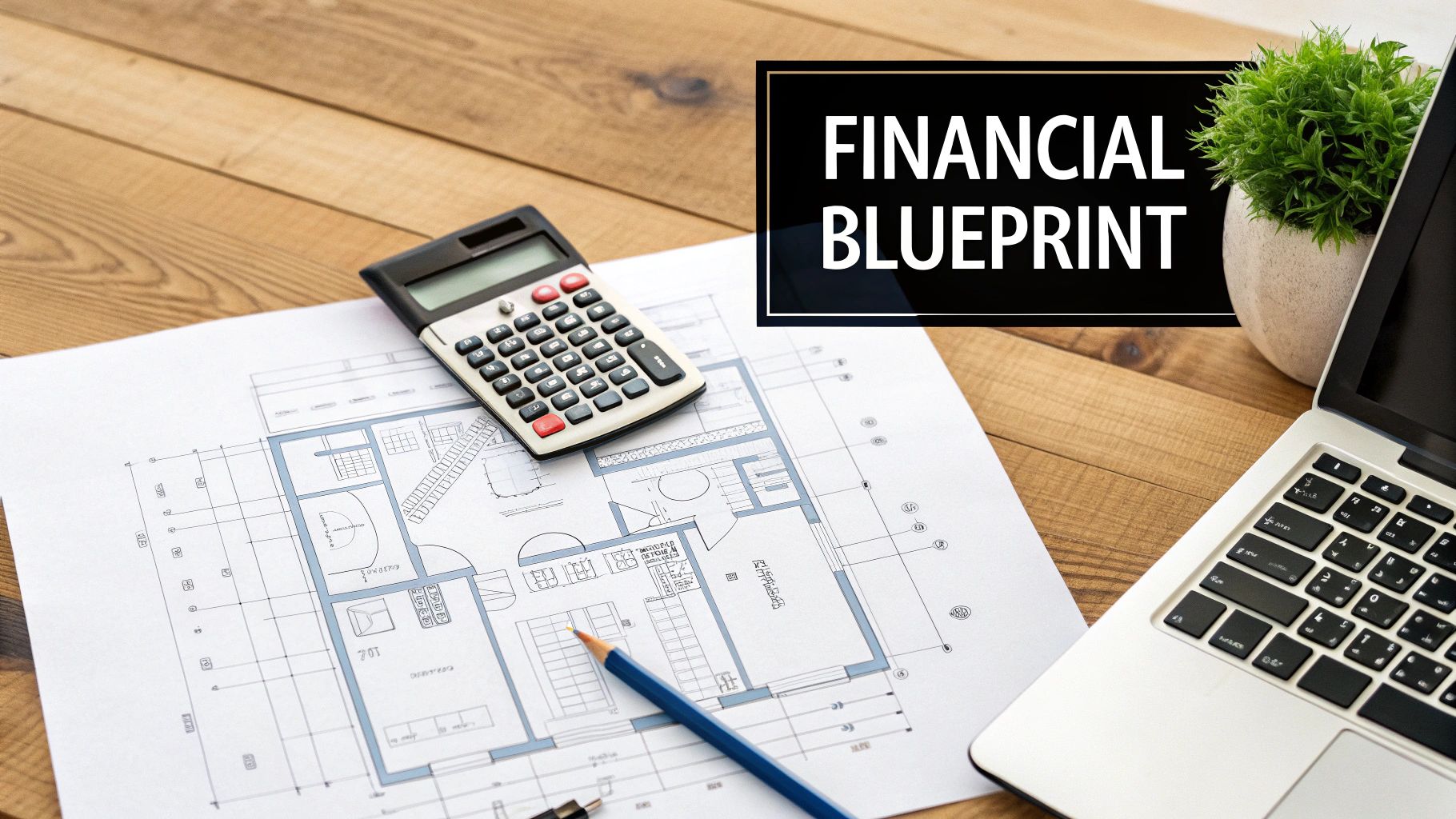 A calculator and pencil on an architectural blueprint, alongside a laptop and plant on a wooden desk, with a 'FINANCIAL BLUEPRINT' overlay.