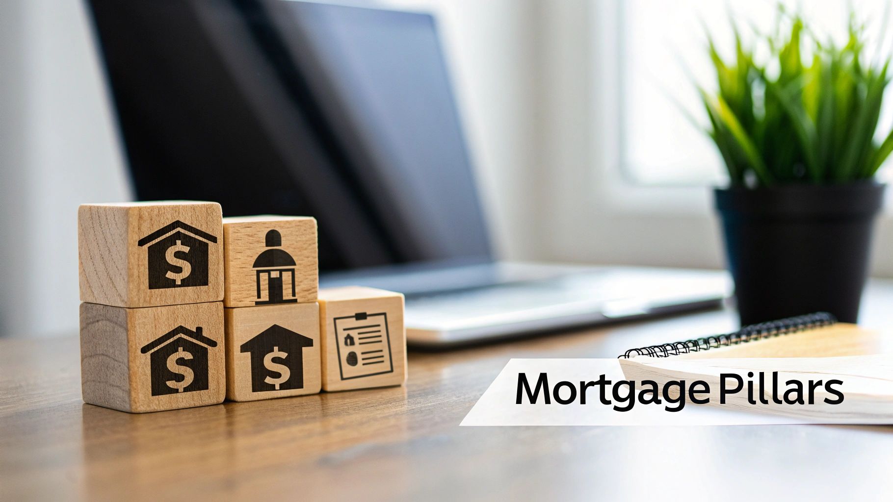 Wooden blocks with mortgage icons, a laptop, and a notebook on a desk, illustrating mortgage pillars.