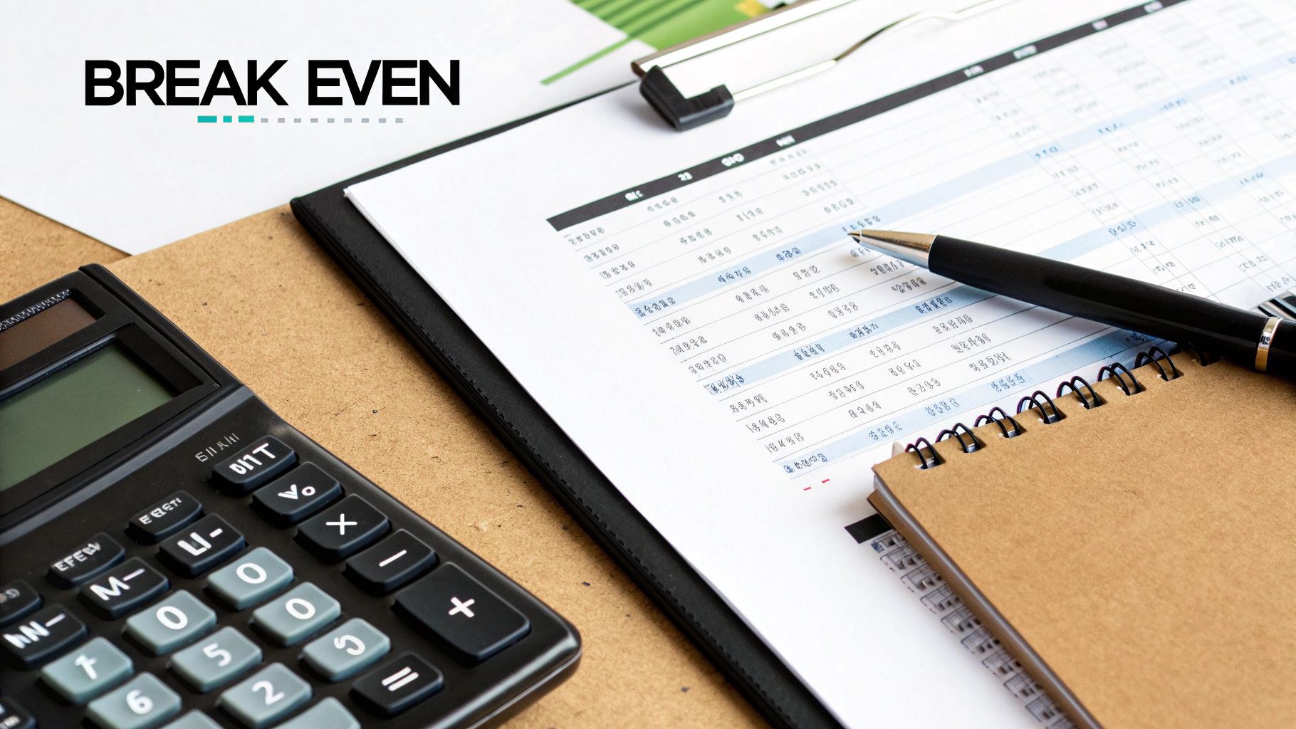 Financial analysis tools including a calculator, pen, and spreadsheet on a desk, with 'BREAK EVEN' text.