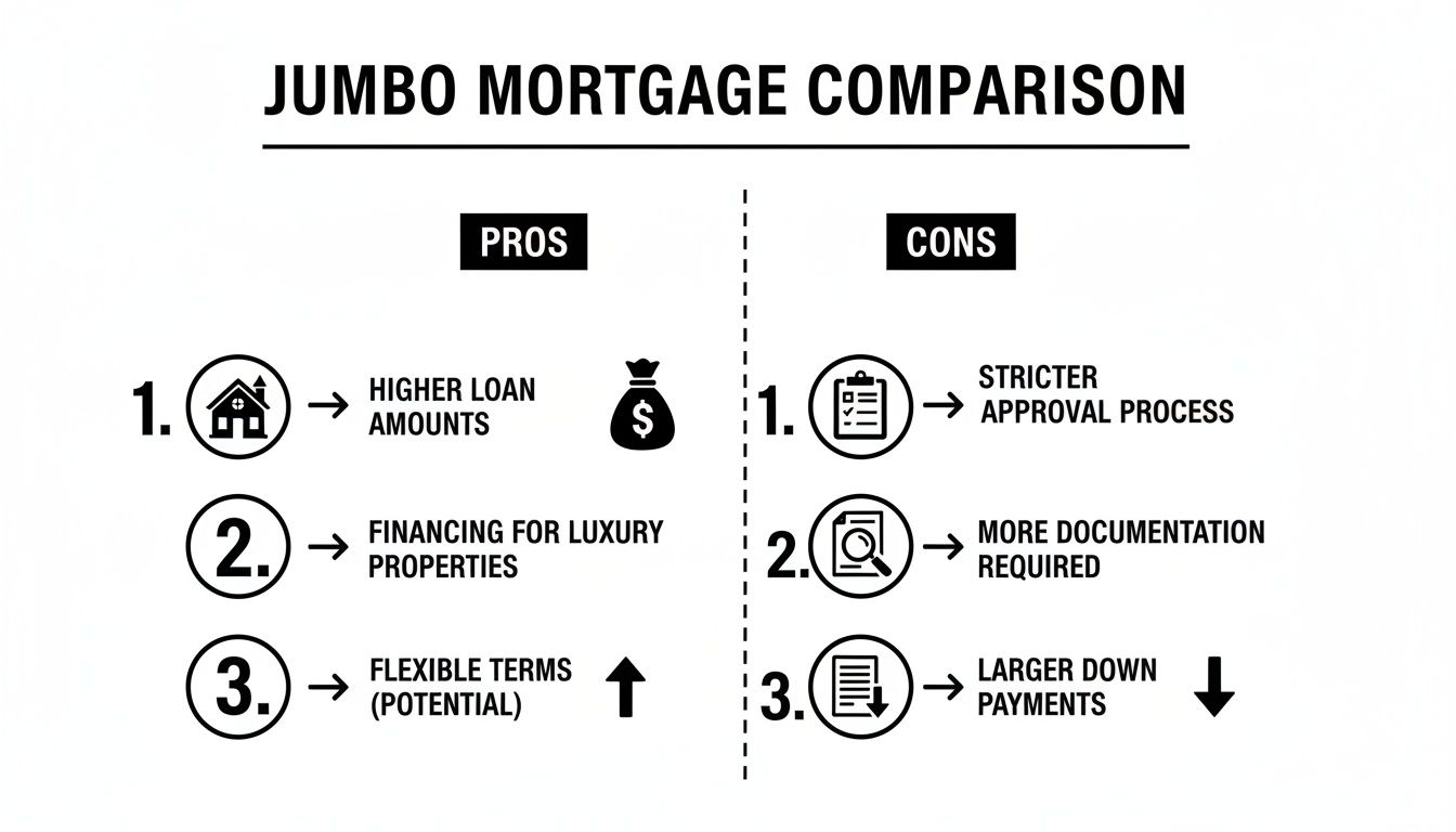 An infographic comparing the pros and cons of jumbo mortgages, detailing higher loan amounts, stricter approval, and larger down payments.