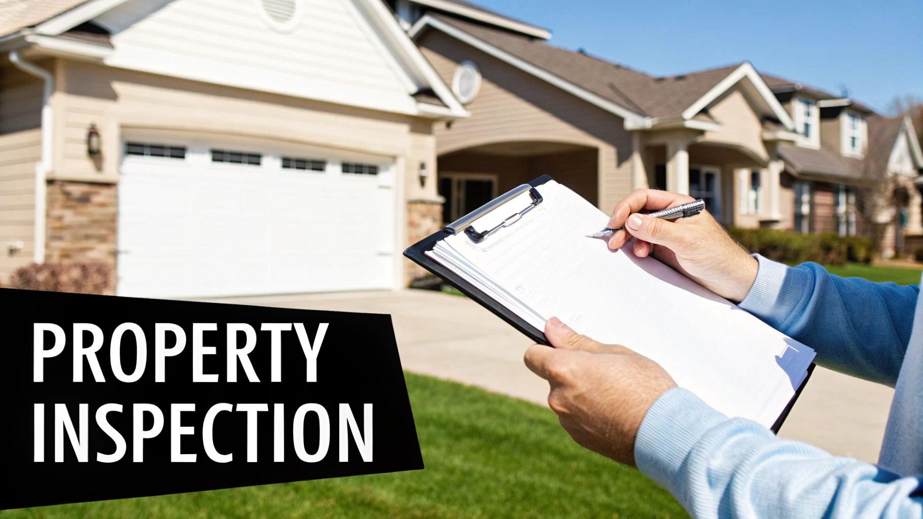 A person's hands holding a clipboard and pen, writing during a property inspection in front of a house.
