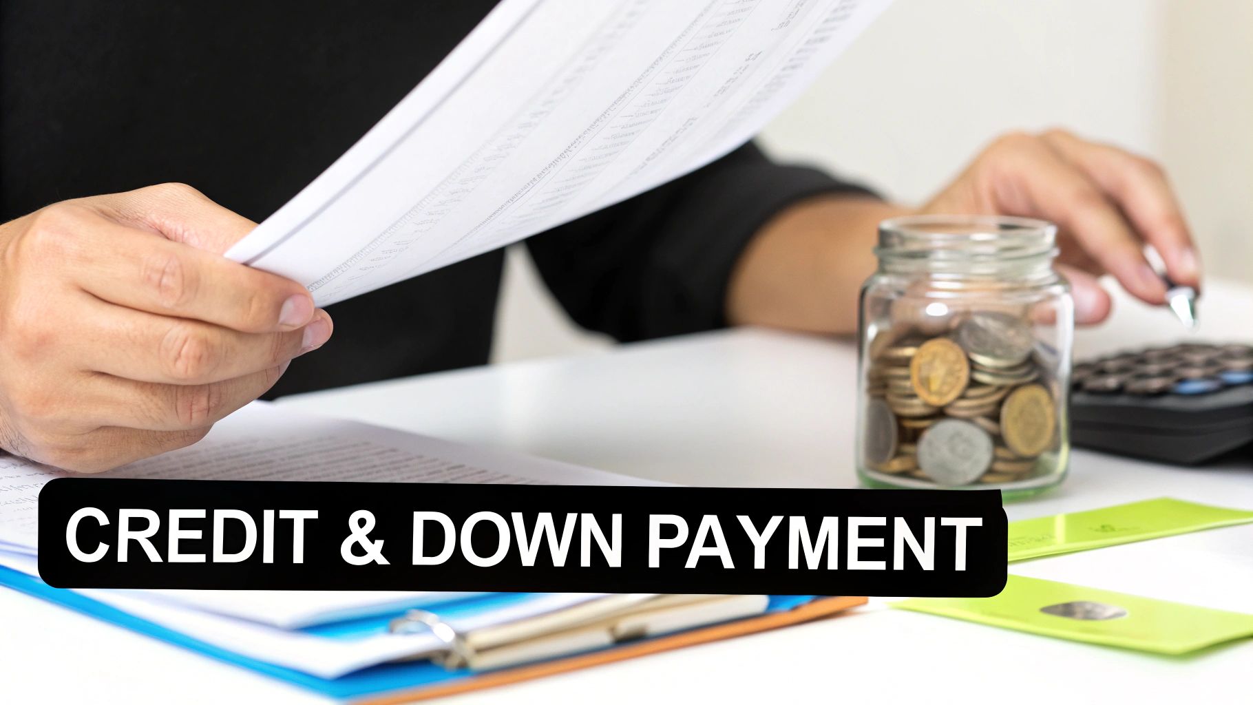 A person reviews financial documents, calculating credit and down payment with coins and a calculator.