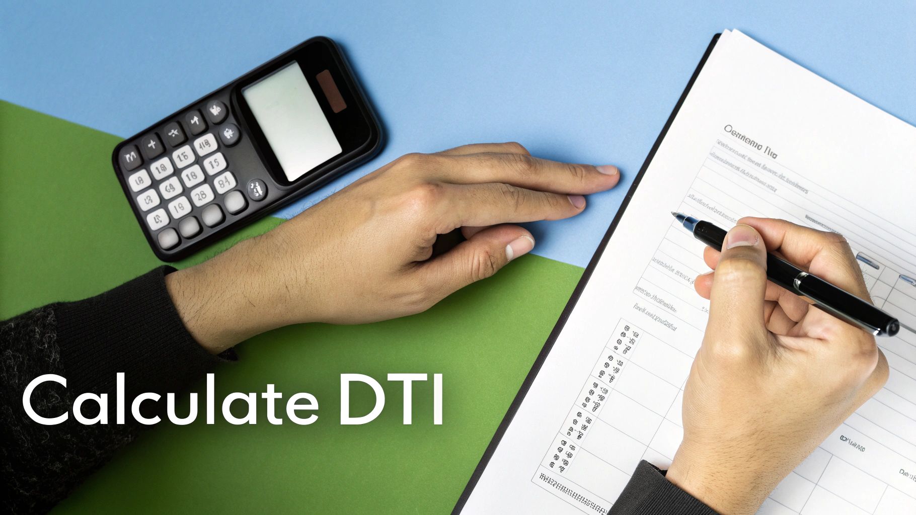 A person's hands calculating DTI with a pen, document, and calculator on a desk.