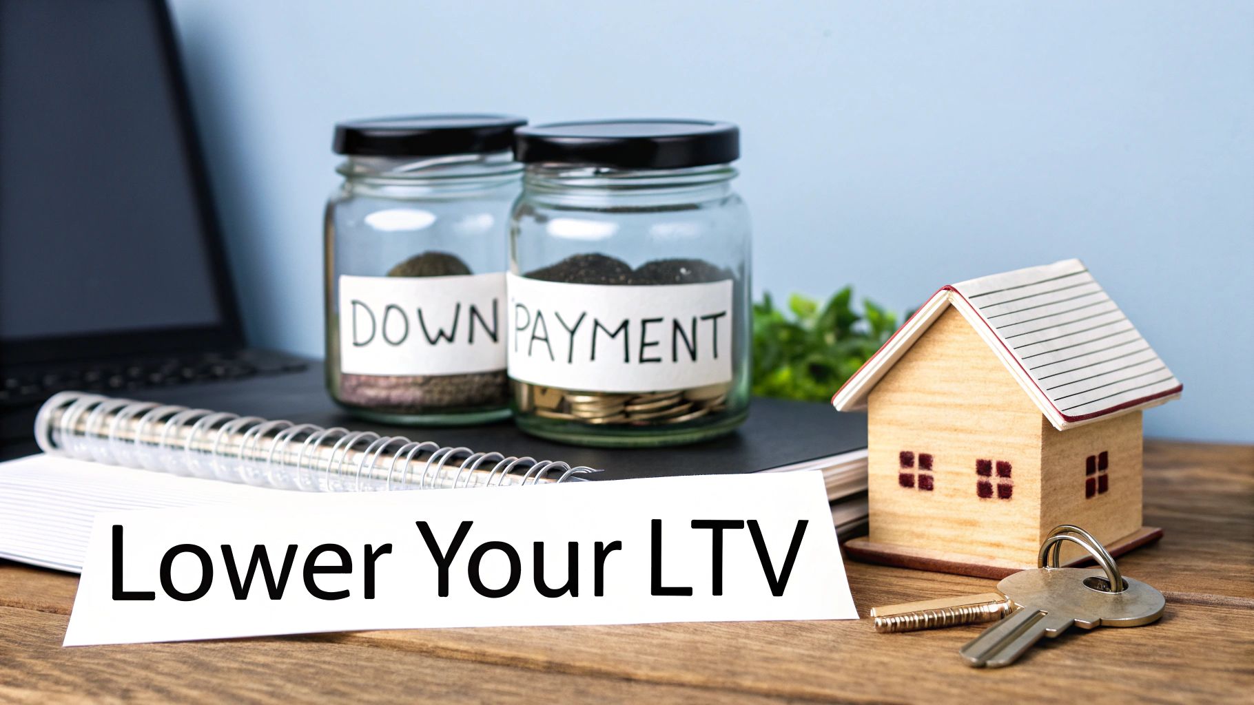 Jars labeled 'DOWN PAYMENT', a model house, and a key on a desk with 'Lower Your LTV' text.