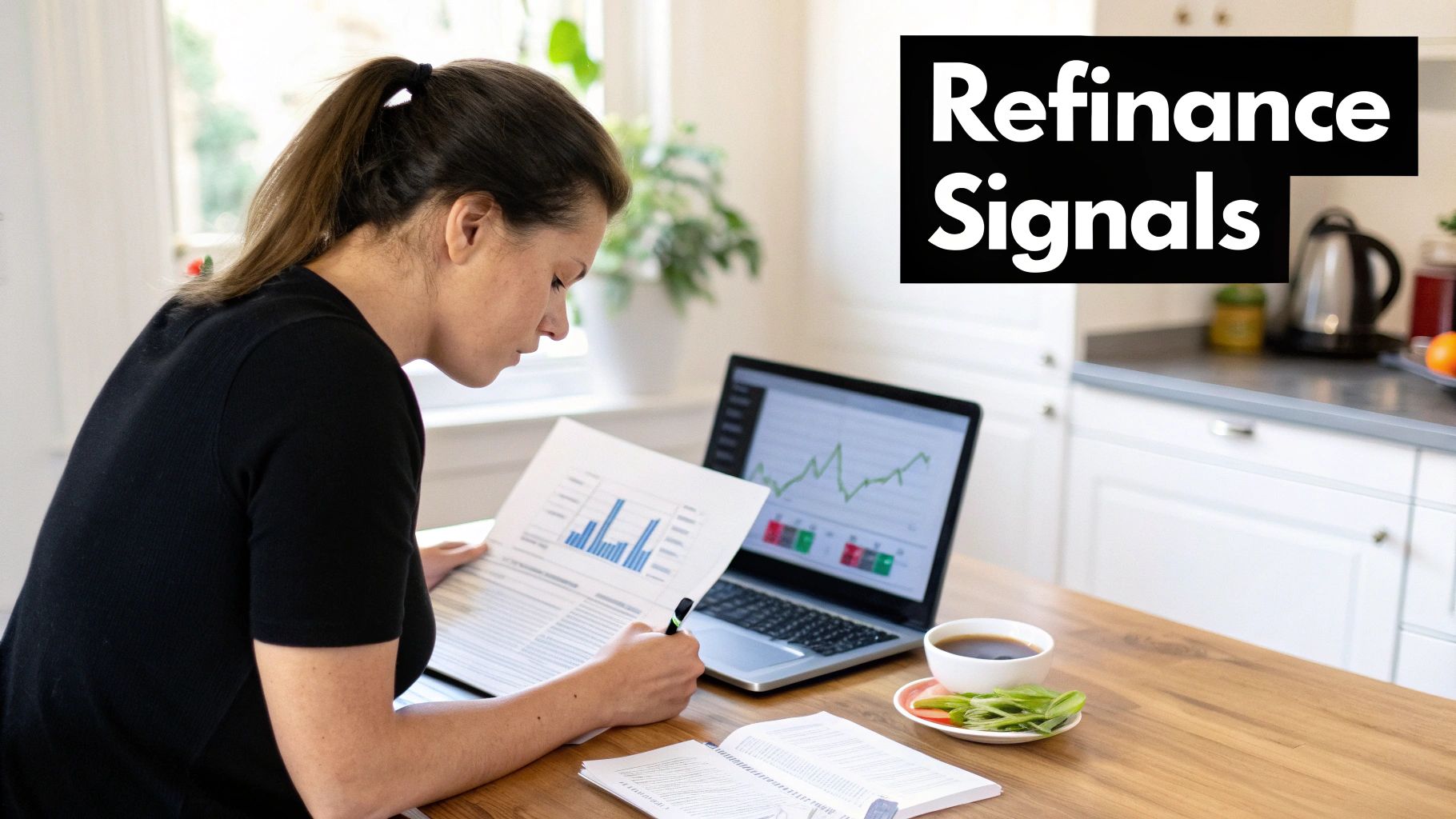 A woman analyzes refinance signals and financial charts on her laptop and documents at a home office.