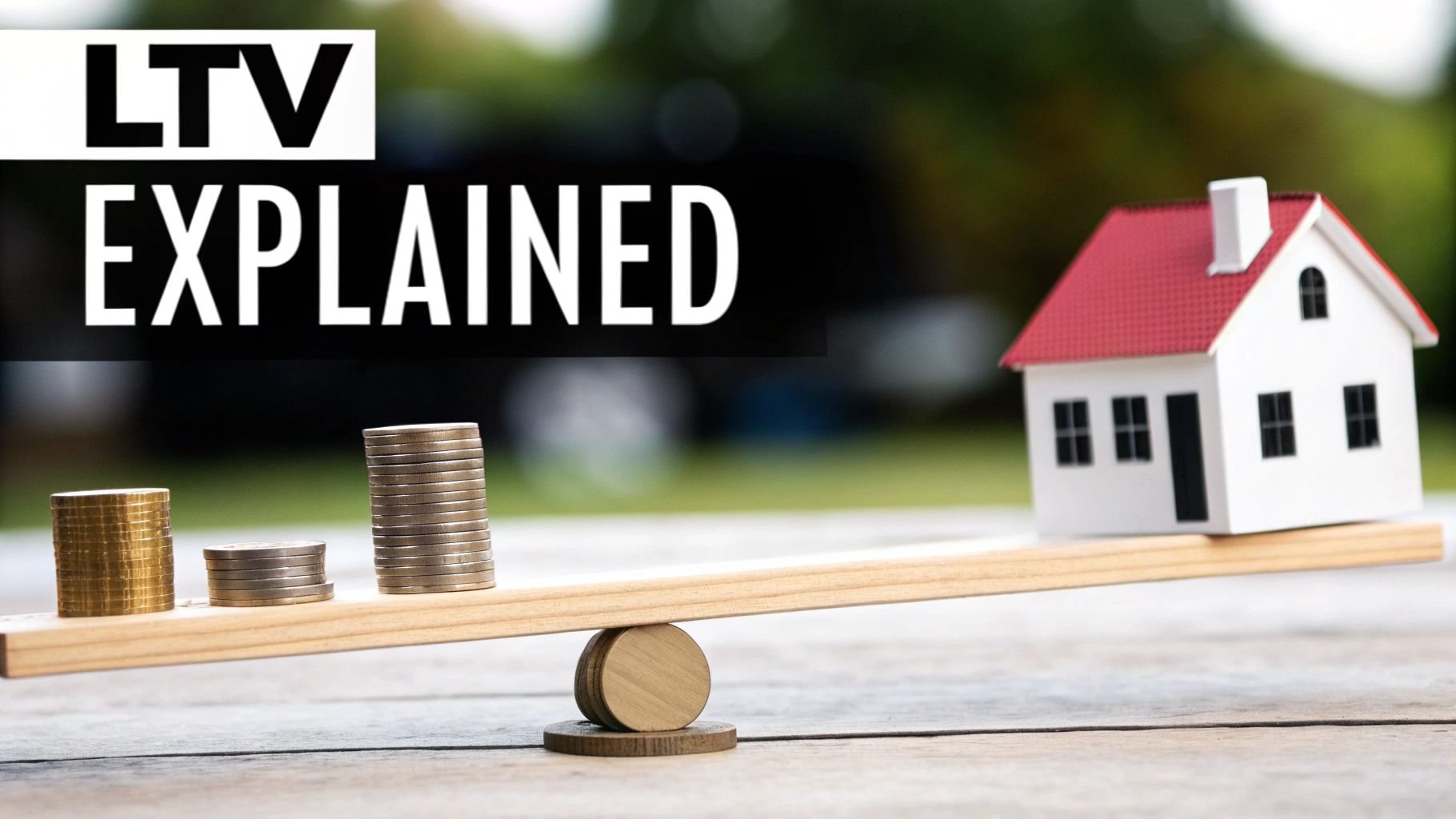 A model house and stacks of coins balancing on a scale, illustrating the LTV concept.
