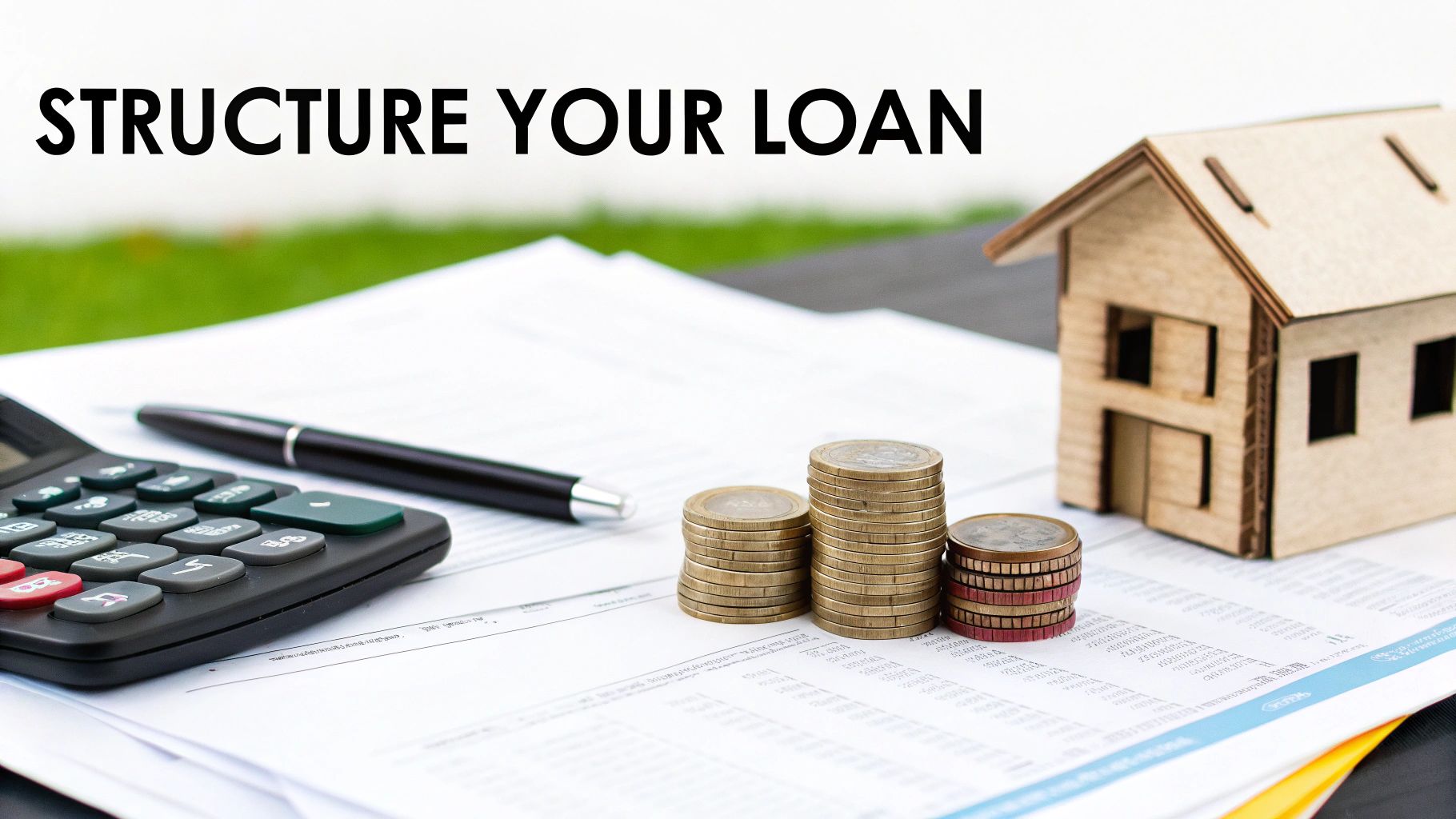 A calculator, pen, stacks of coins, and a wooden house model on financial documents with text 'STRUCTURE YOUR LOAN'.