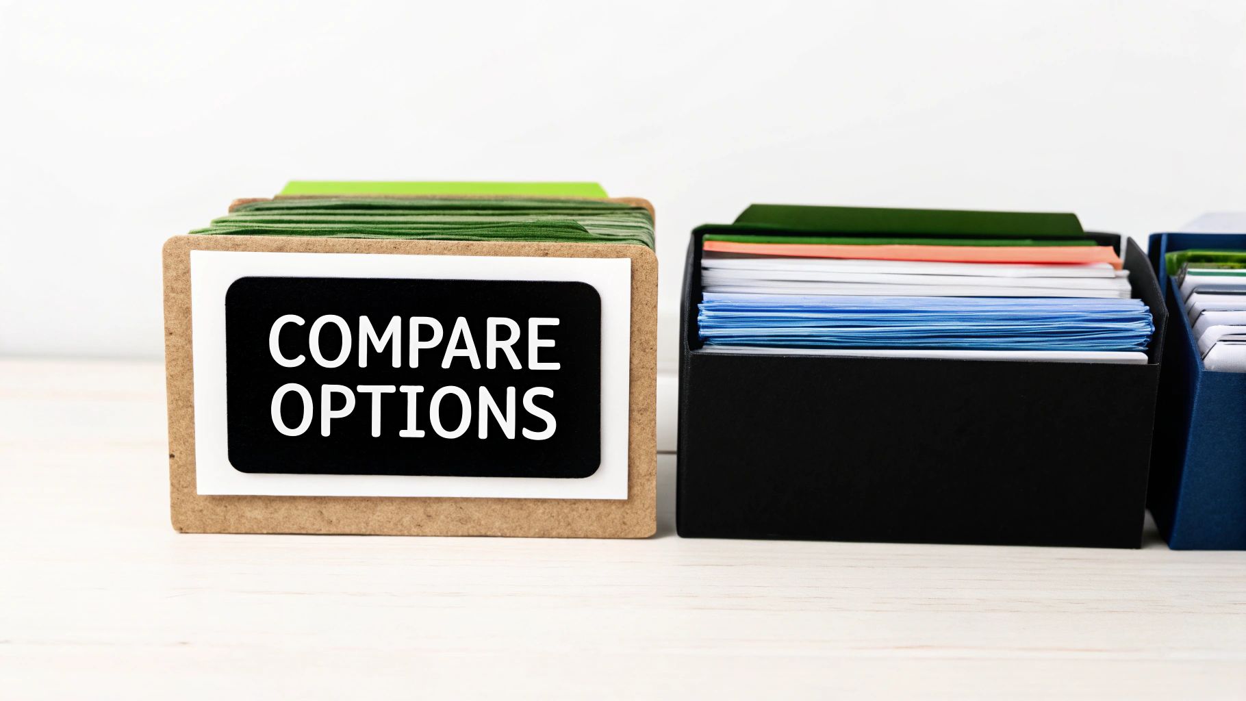 Several file boxes on a wooden surface, one labeled 'COMPARE OPTIONS' with various colored cards.