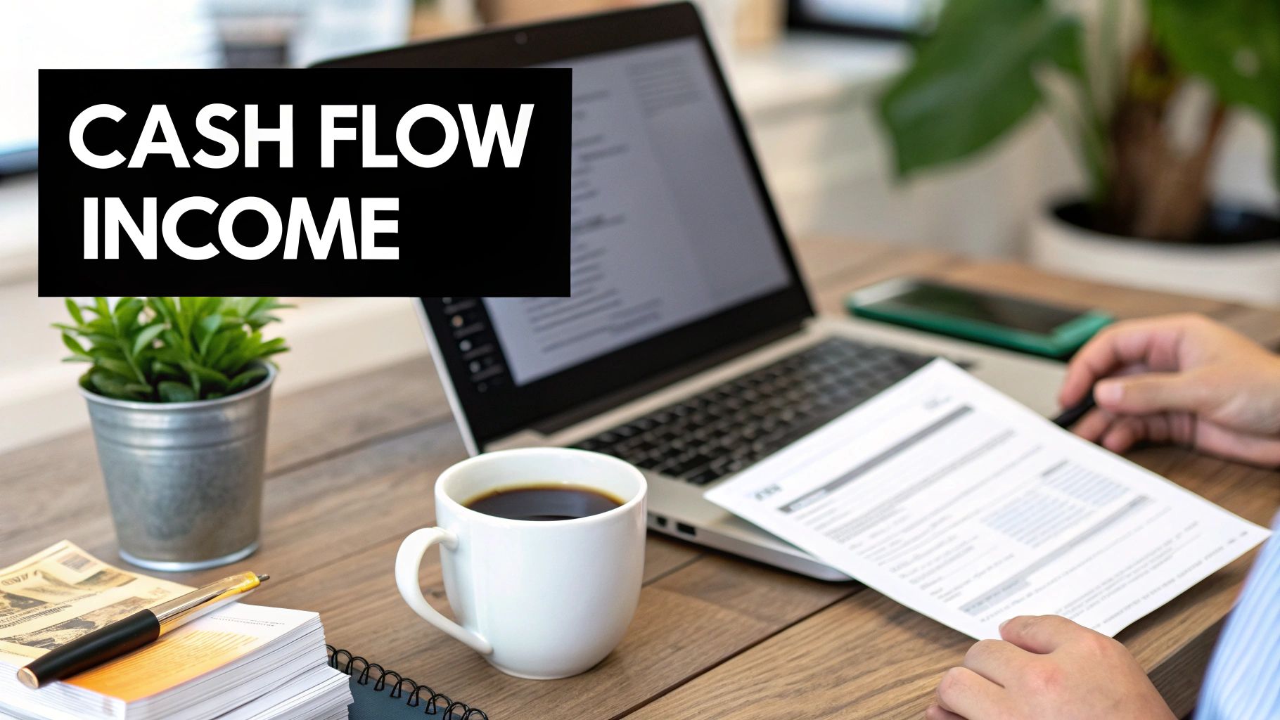 Person analyzing cash flow income documents at a desk with a laptop and coffee.