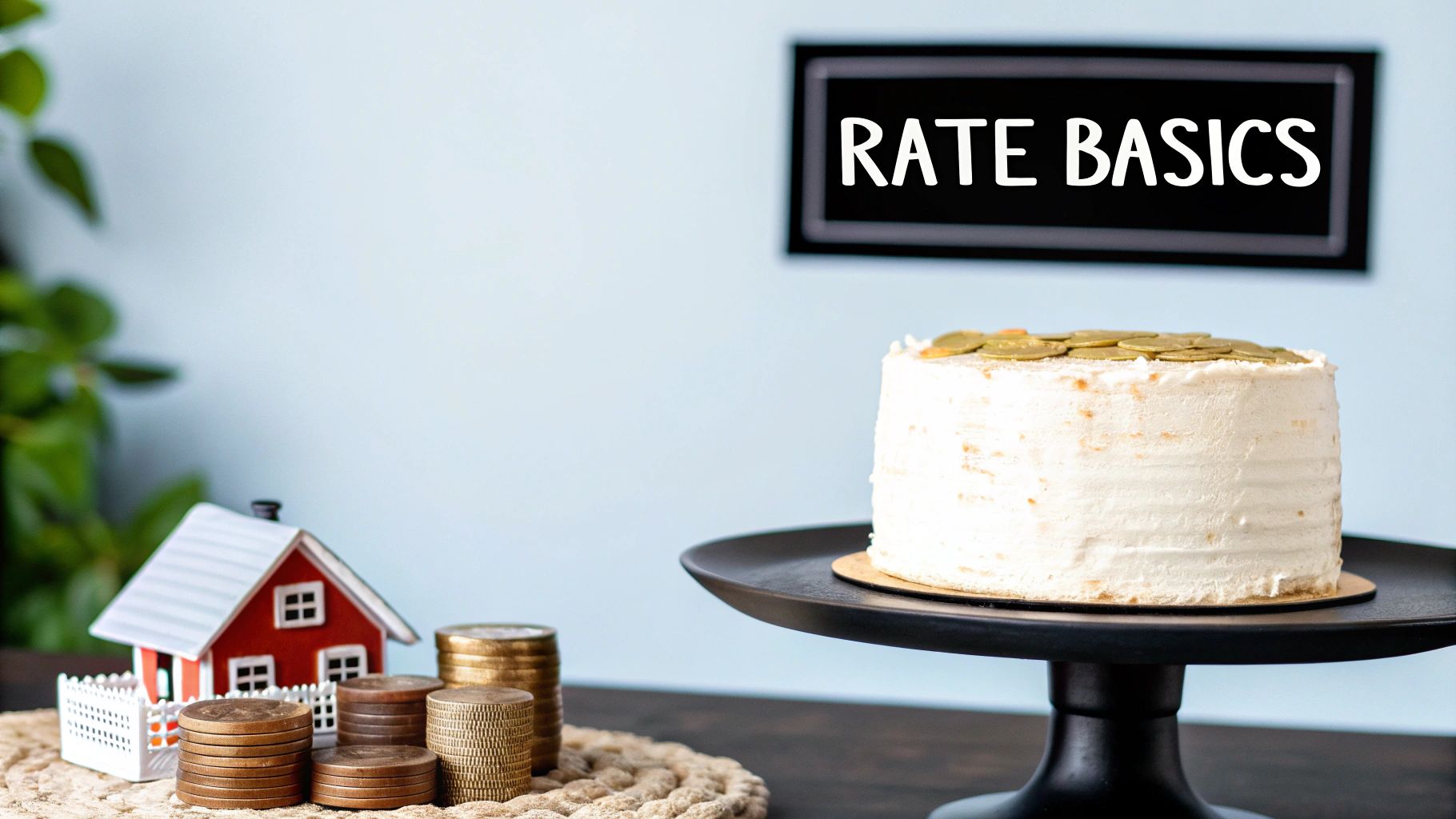 A miniature house and stacked coins next to a cake with coins, and a 'RATE BASICS' sign.
