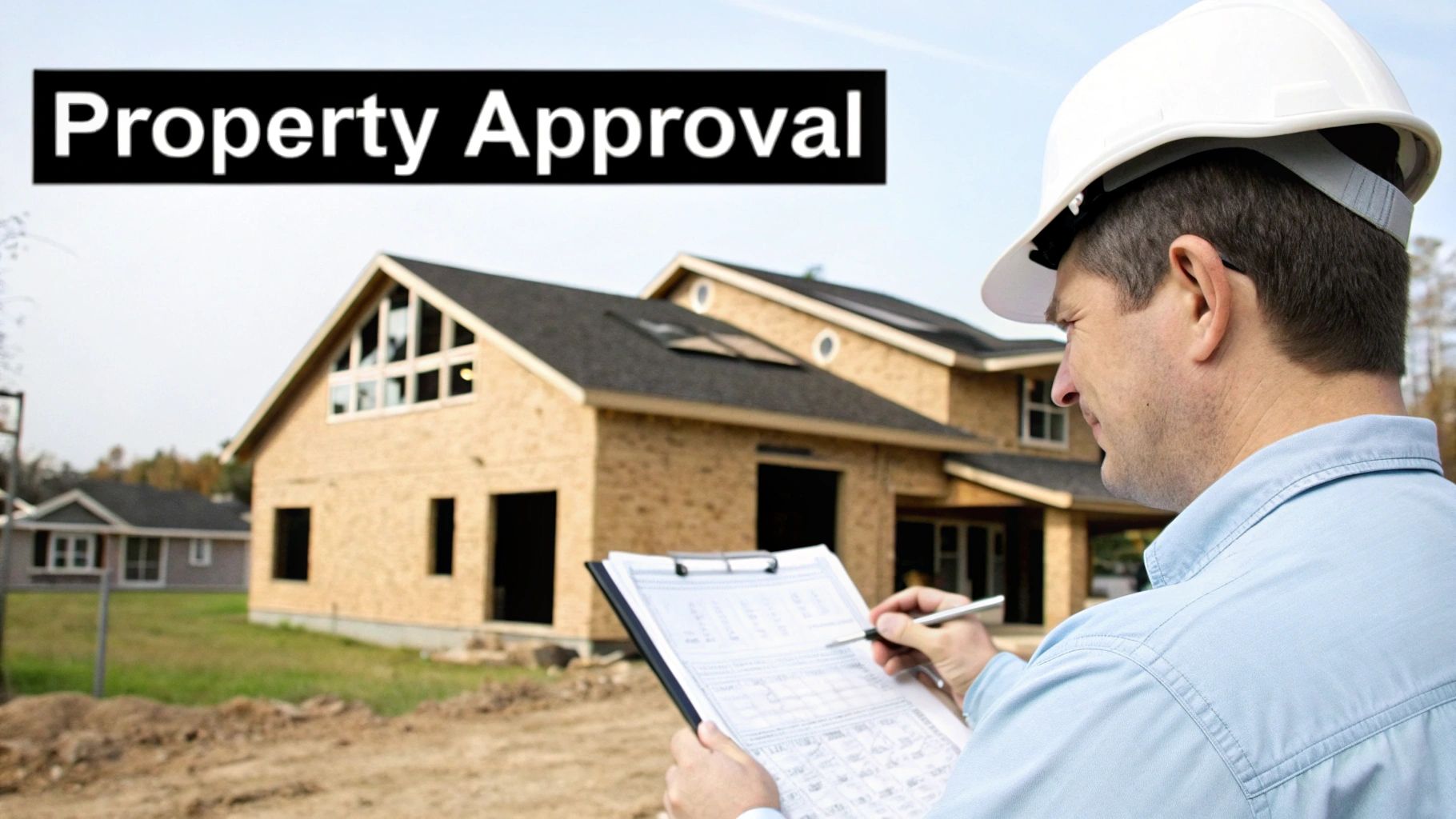 Construction worker in a hard hat reviews documents for property approval at a building site.
