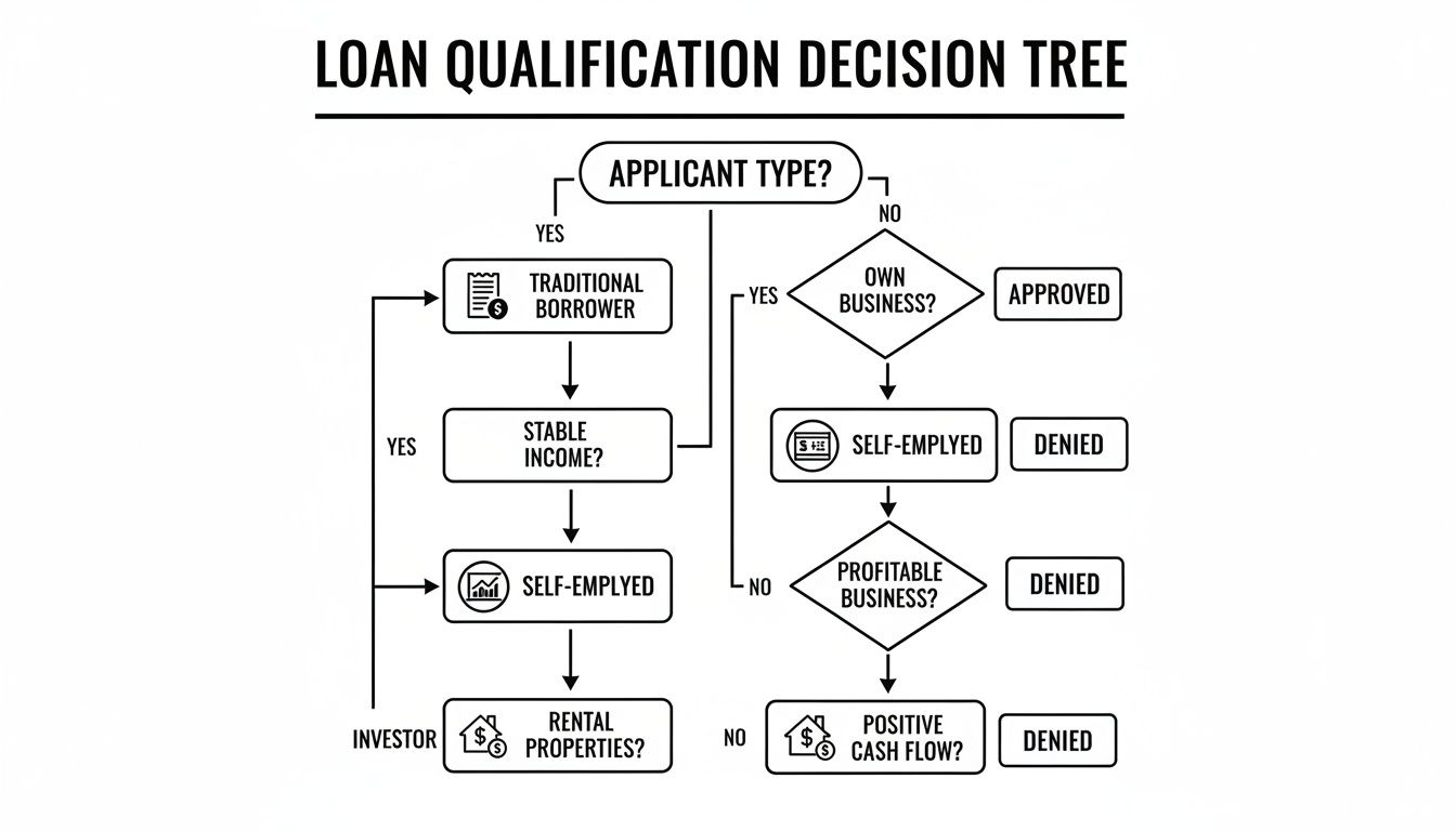 Loan qualification decision tree flowchart detailing borrower types, income stability, business profitability, and cash flow.
