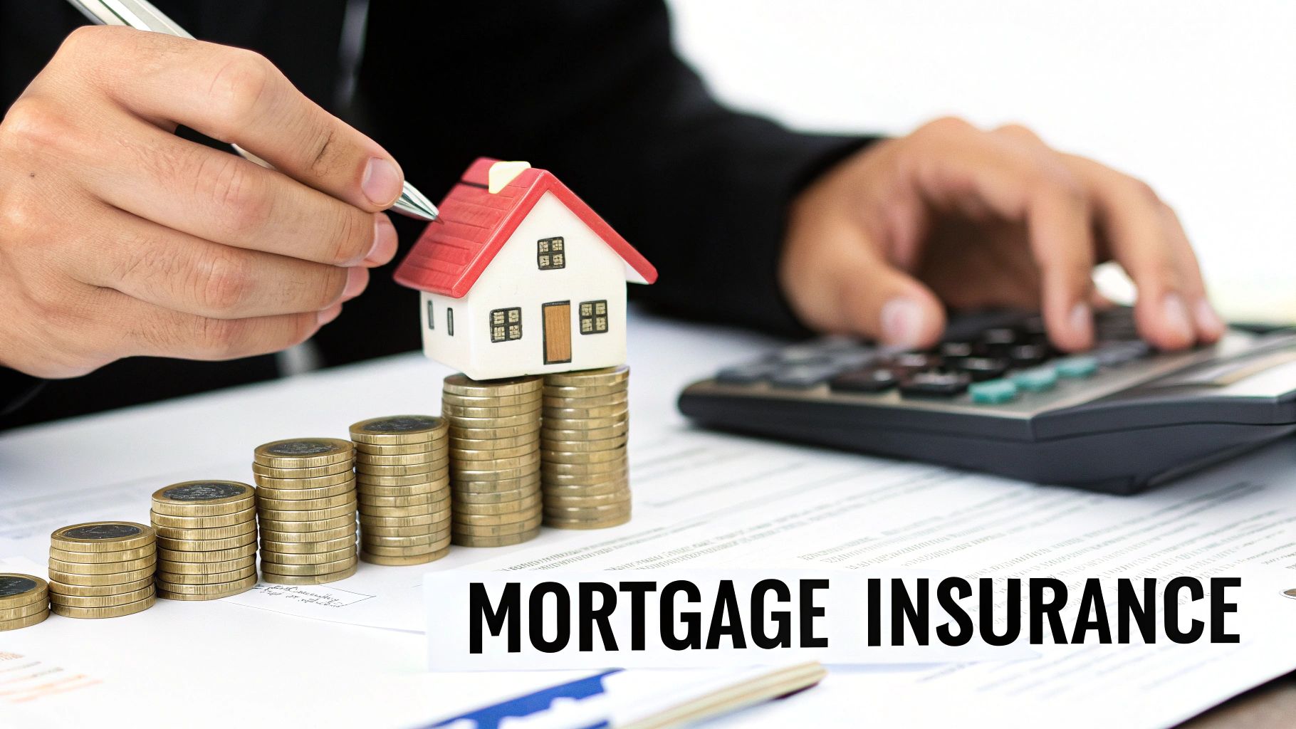 A person calculates mortgage insurance with a house model on coin stacks, showing financial planning.