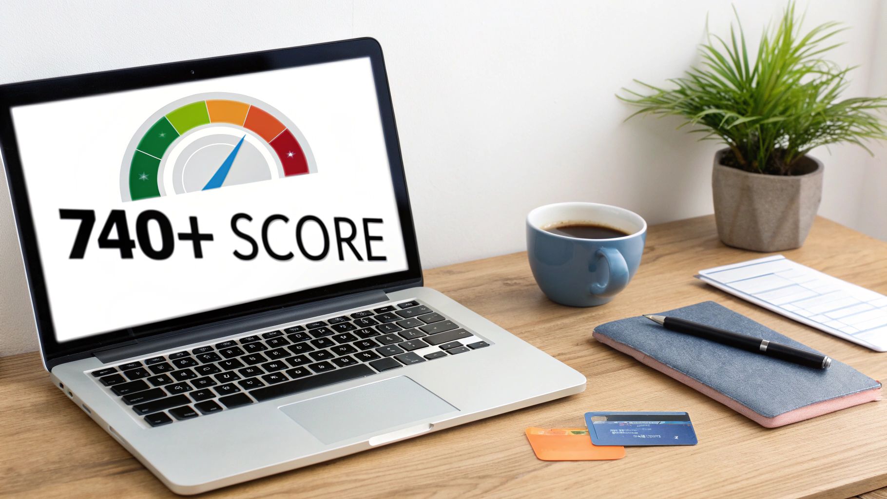 Laptop screen shows a 740+ credit score, with coffee, a plant, and credit cards on a desk.