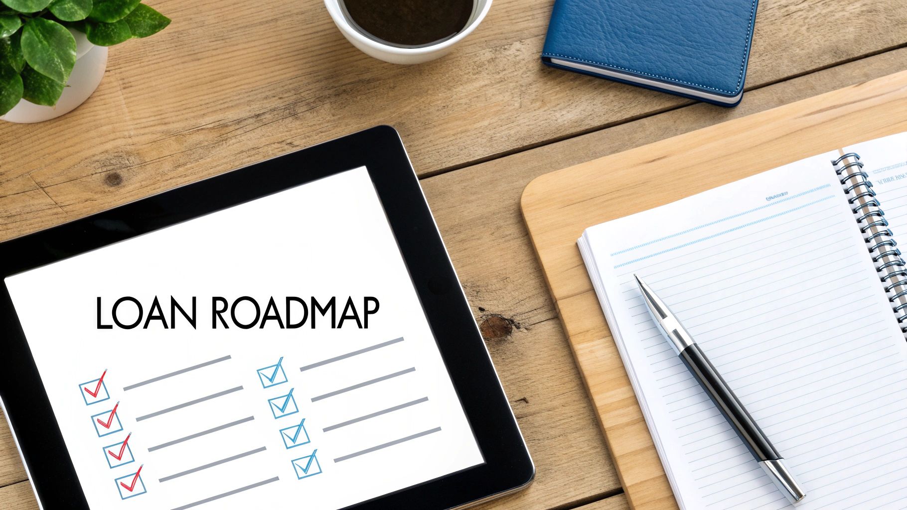 A tablet displaying 'LOAN ROADMAP' with checkboxes on a wooden desk alongside a notebook, pen, and coffee.