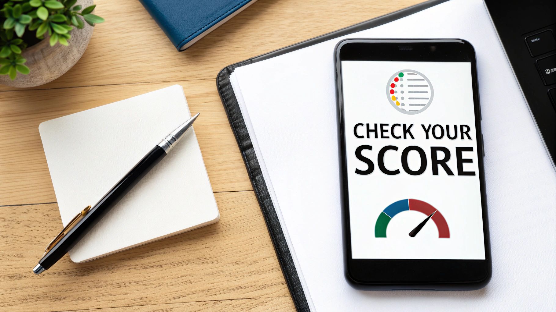 A smartphone displaying 'CHECK YOUR SCORE' app on a wooden desk with a plant and notepad.