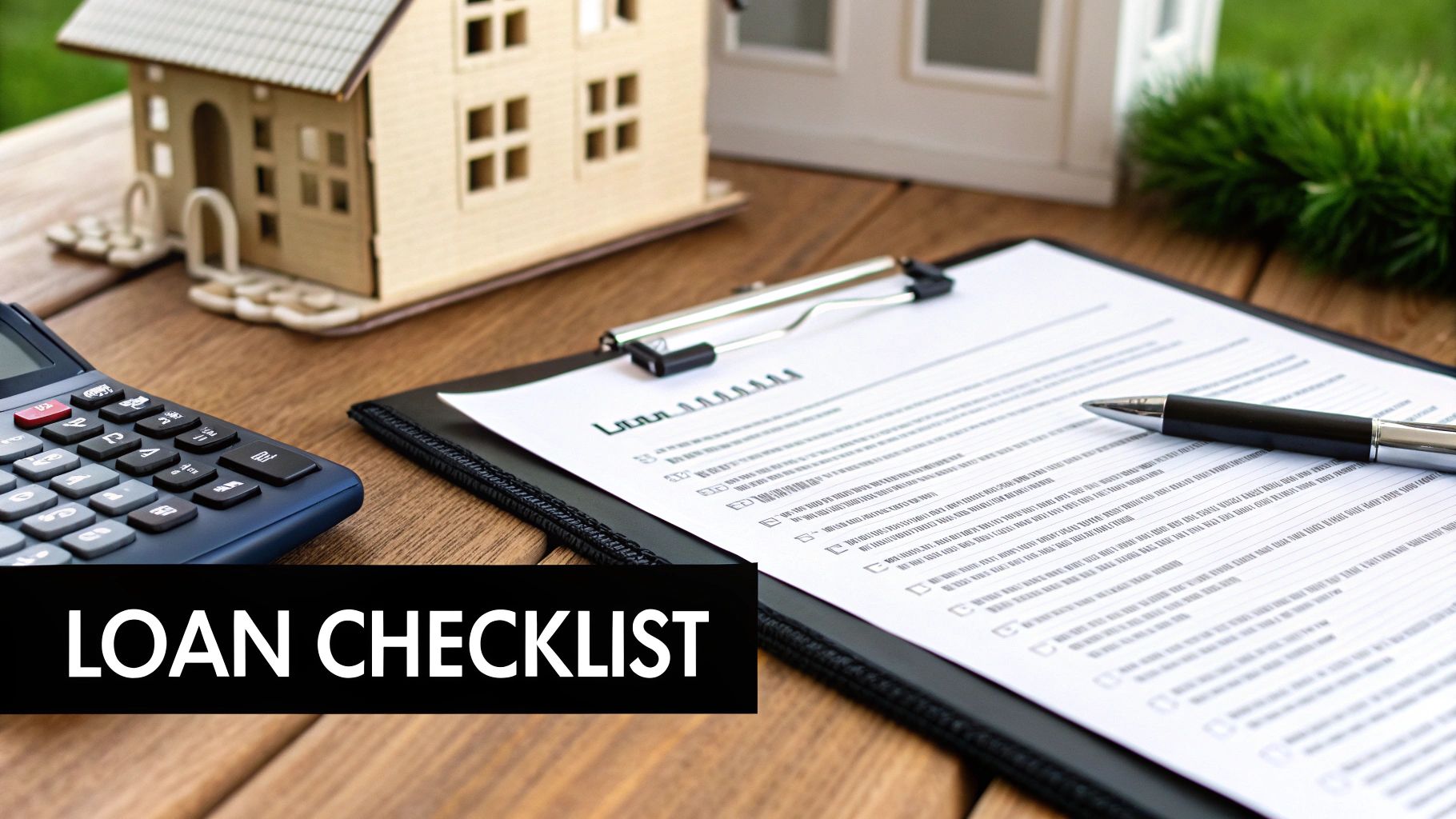 A miniature house model, calculator, a pen, and a loan checklist on a wooden desk.