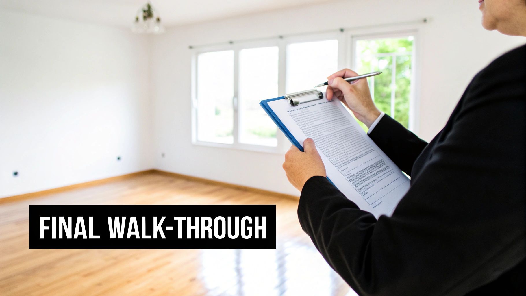 A professional conducts a final walk-through inspection of an empty room, holding a clipboard and pen.